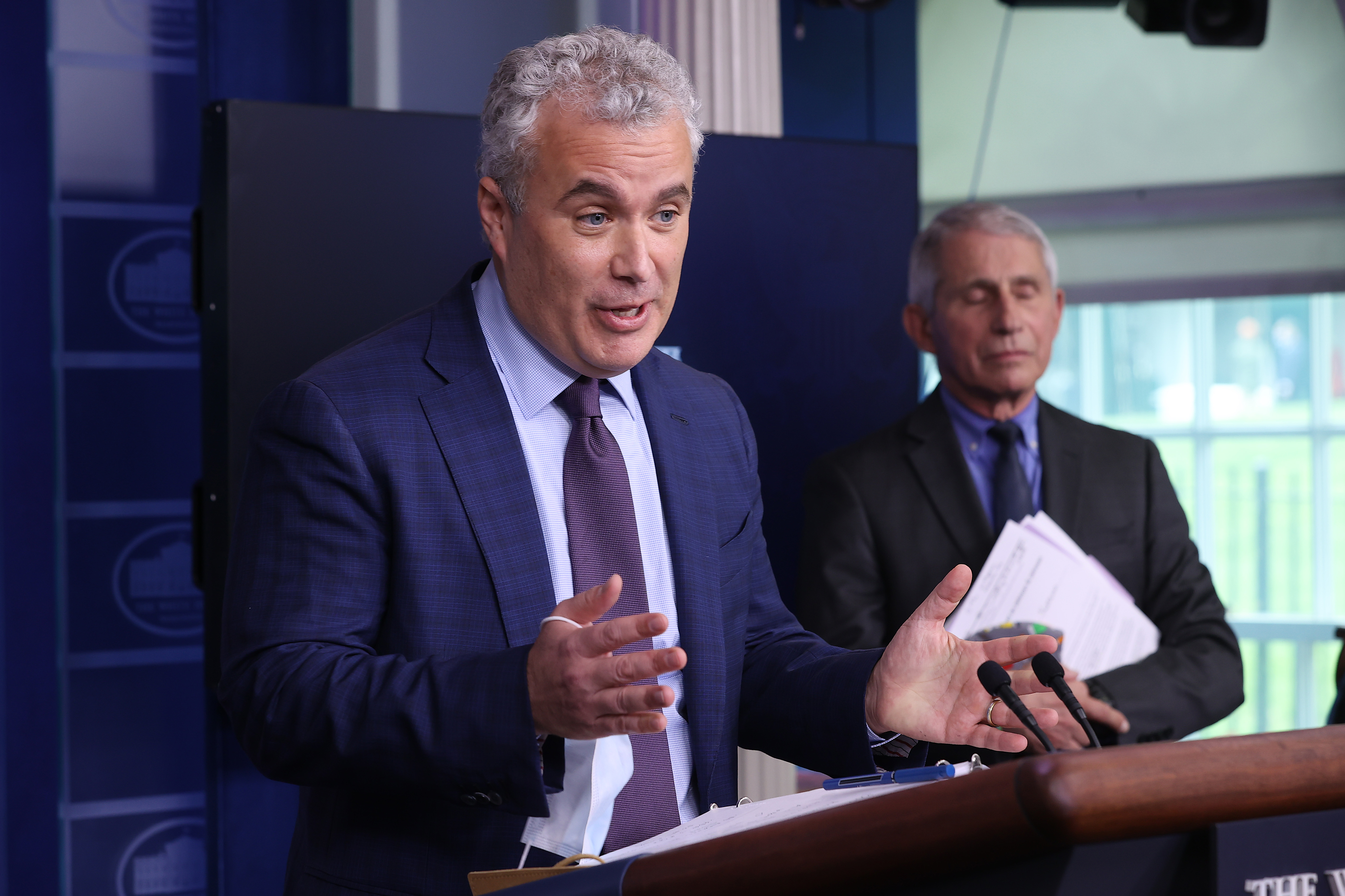 White House COVID-19 Response Coordinator Jeff Zients (L) and Director of the National Institute of Allergy and Infectious Diseases Dr. Anthony Fauci brief reporters in the Brady Press Briefing Room at the White House on April 13th, 2021 in Washington, DC. 