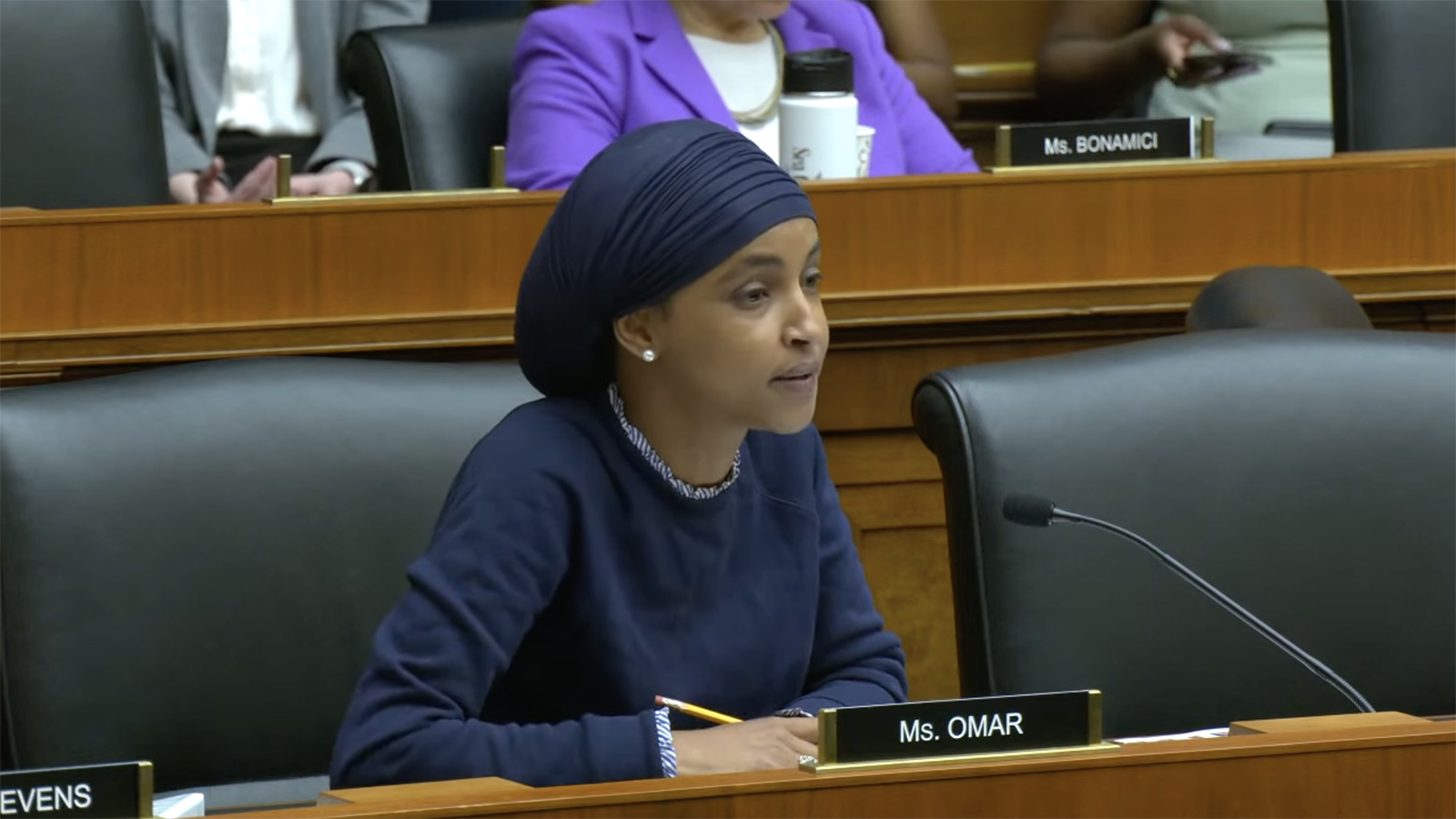 Rep Ilhan Omar speaks during the House Education Committee on Education & the Workforce in Washington, DC, today. 