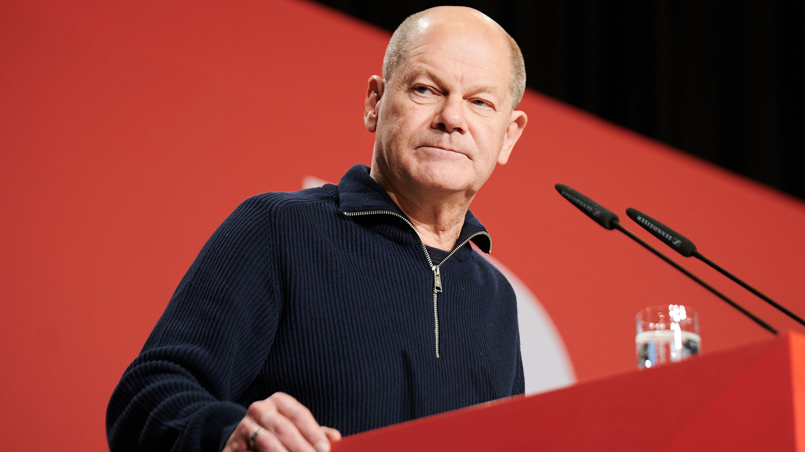 German Chancellor Olaf Scholz speaks in Cottbus, Germany, on Saturday, November 26. 