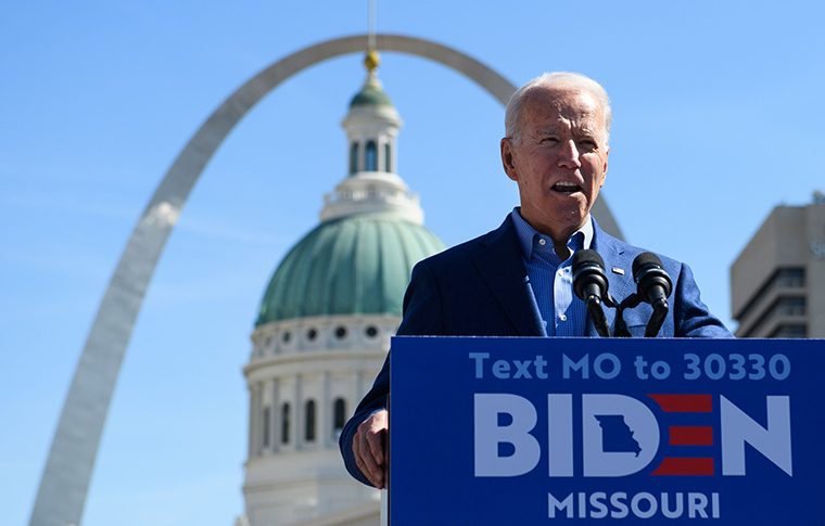 Biden speaks during a campaign rally at Kiener Plaza Park in St. Louis on Saturday, March 7. 