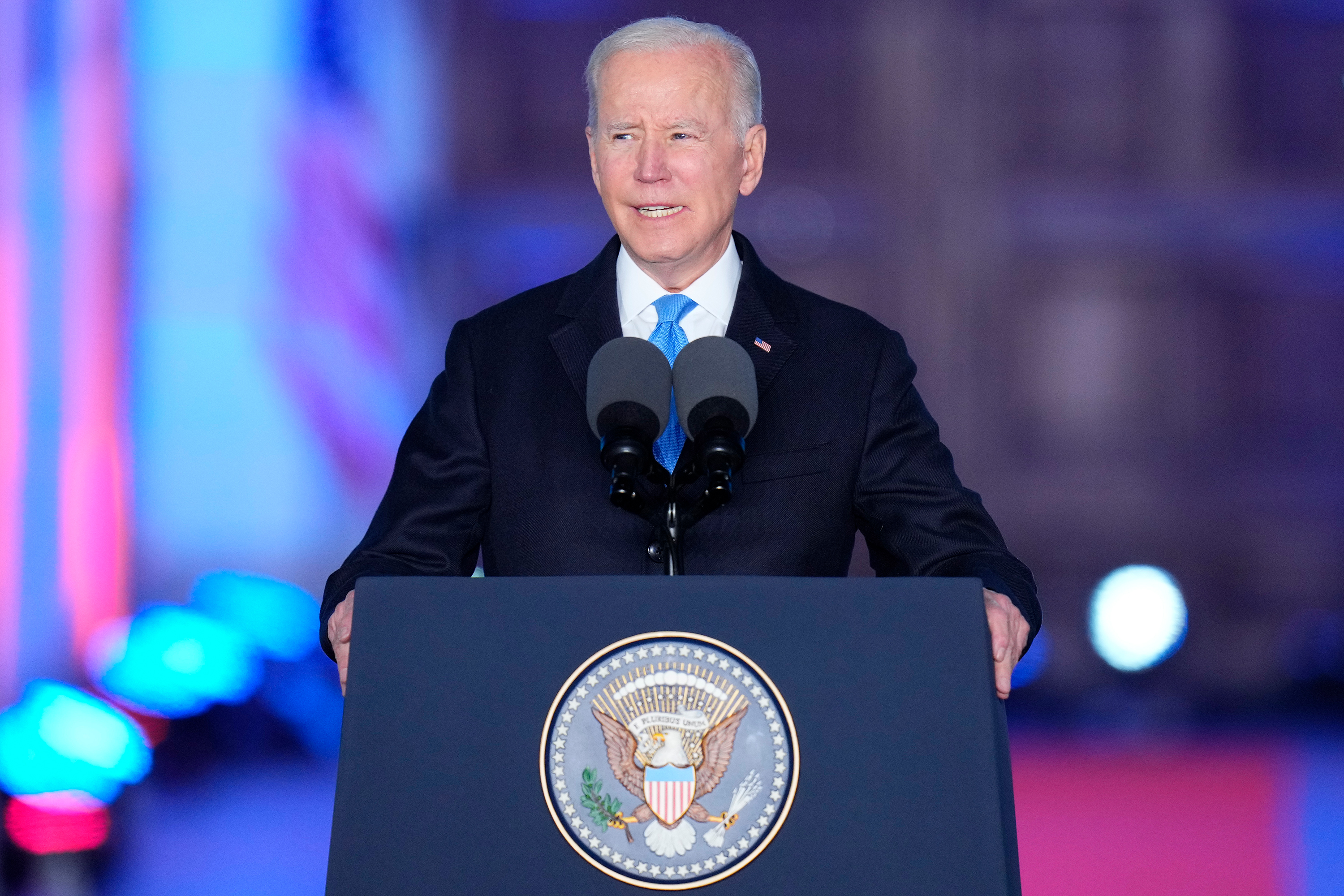 US President Joe Biden delivers a speech at the Royal Castle in Warsaw, Poland on March 26. 