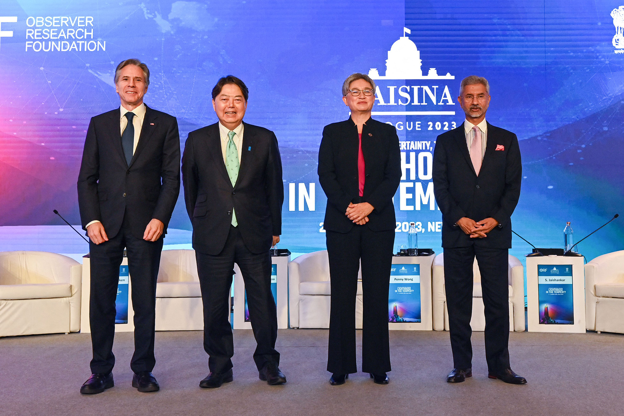 Left to right - US Secretary of State Antony Blinken, Japan Foreign Minister Yoshimasa Hayashi, Australian Foreign Minister Penny Wong and Indian Foreign Minister Subrahmanyam Jaishankar pose for a photograph after the Indo-Pacific Quad Foreign Ministers panel discussion in New Delhi, India, on March 3.