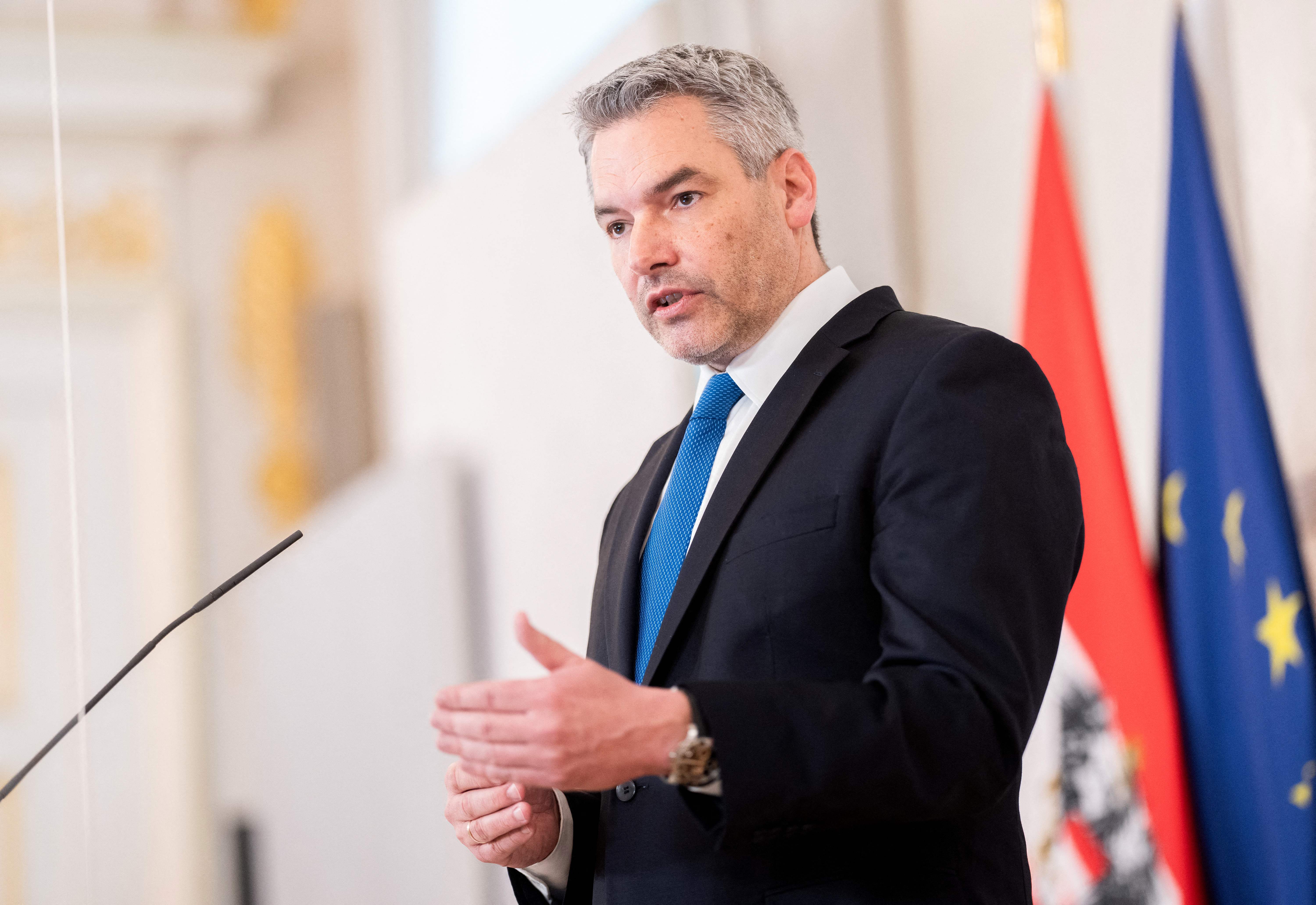 Austrian Chancellor Karl Nehammer gives a press statement on the current situation in Ukraine after a meeting of the crisis cabinet in Vienna, Austria, on February 22.