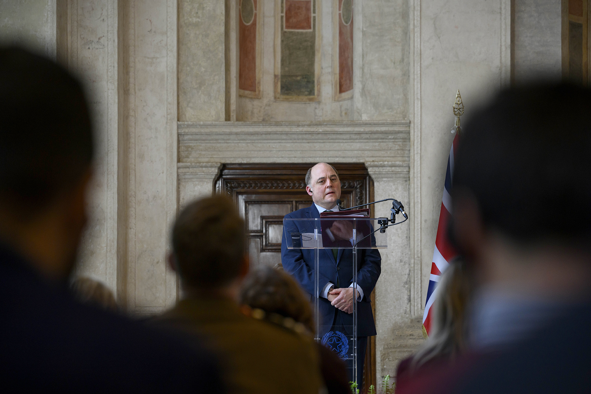 Britain's Defence Secretary Ben Wallace attends a press conference following a roundtable between Italy-UK Foreign Affairs and Defence ministers at Villa Madama, on February 9, in Rome, Italy.