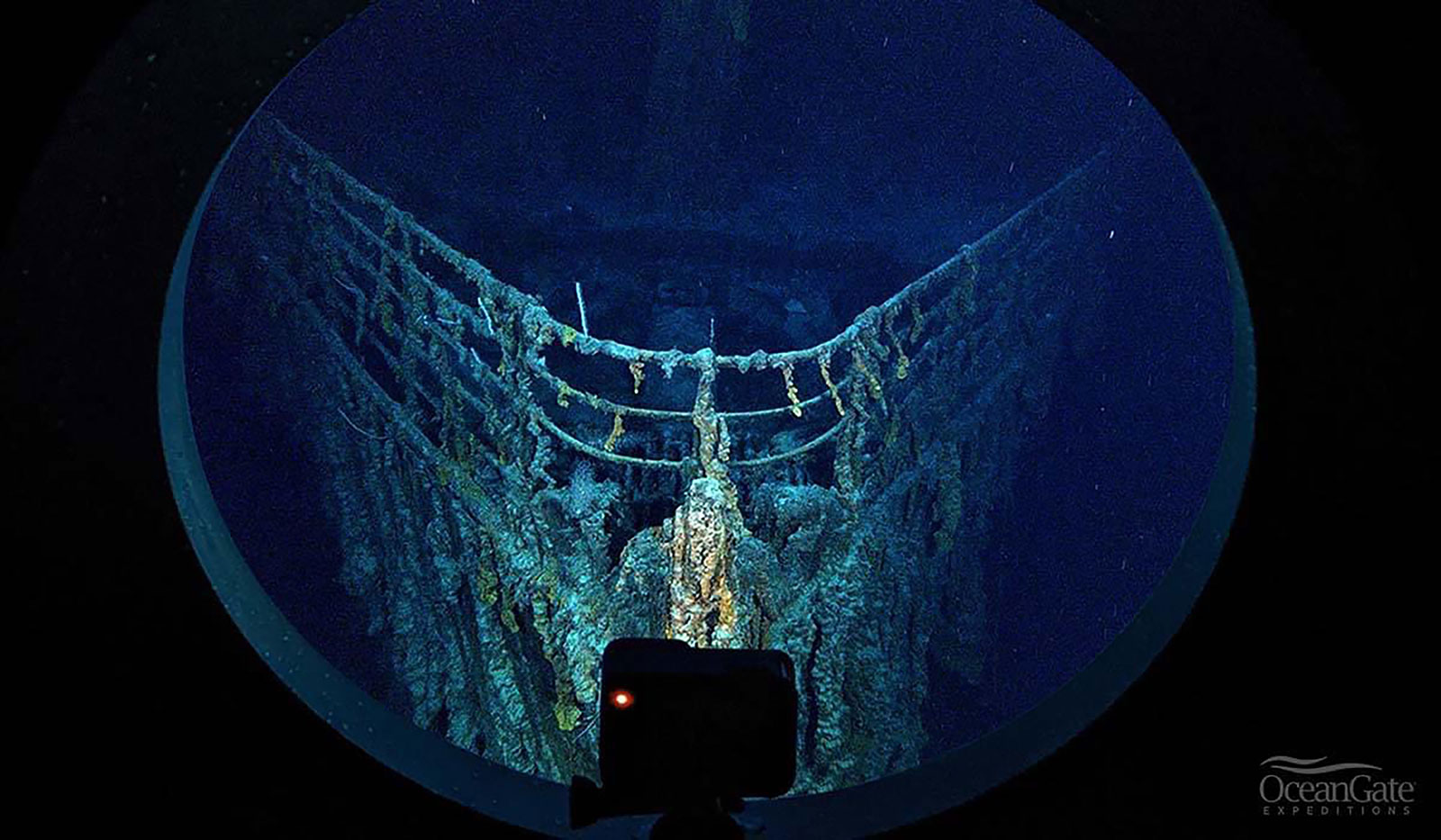 An undated file photo shows the Titanic shipwreck from a viewport of an OceanGate Expeditions submersible.