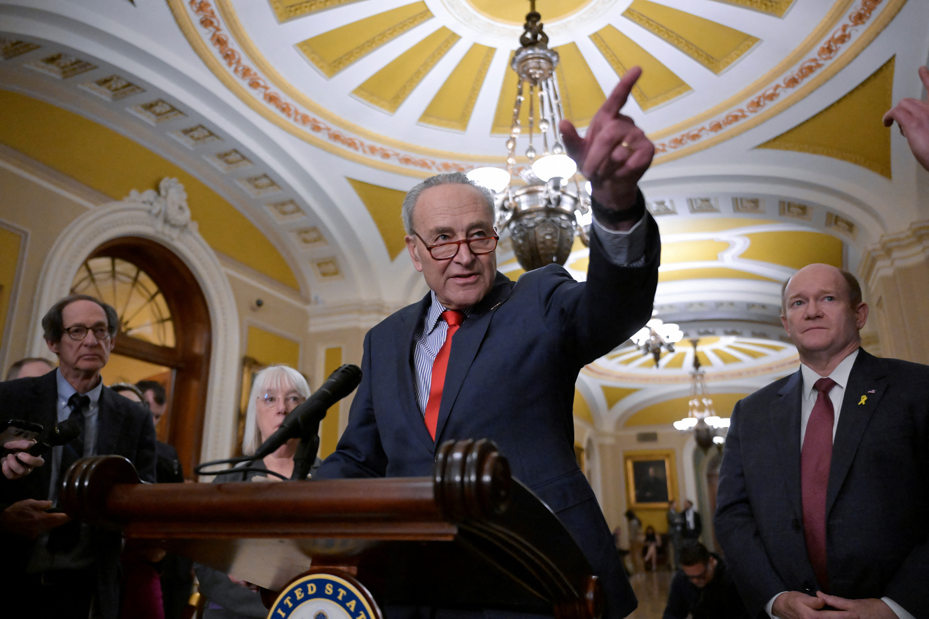 US Senate Majority Leader Chuck Schumer speaks during a press conference on Capitol Hill in Washington, DC, on March 12.