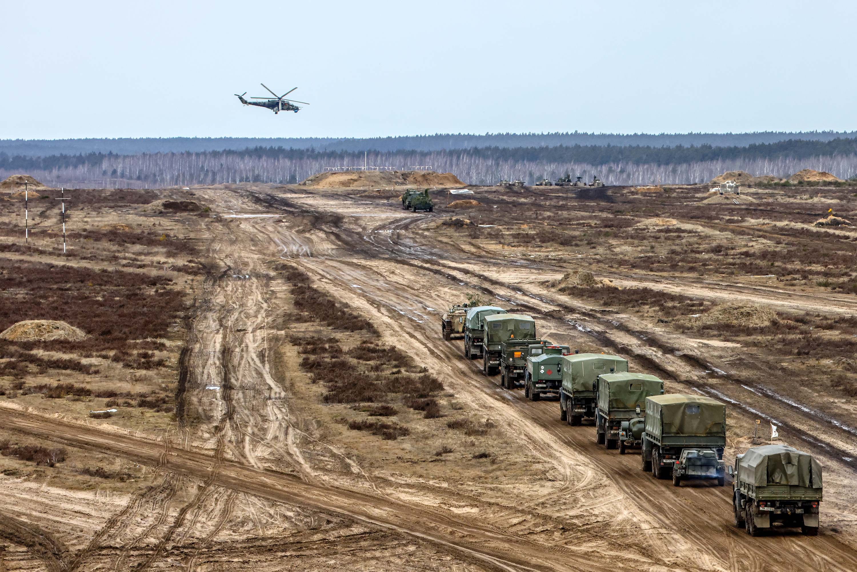 Russian and Belarusian troops take part in joint military drills in the Brest, Belarus, on February 19. 