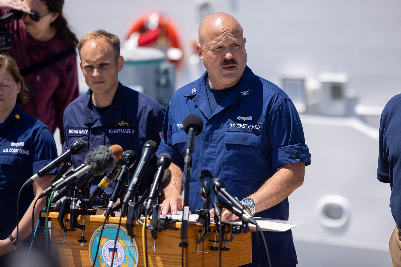 US Coast Guard Captain Jamie Frederick speaks to reporters in Boston on Wednesday.
