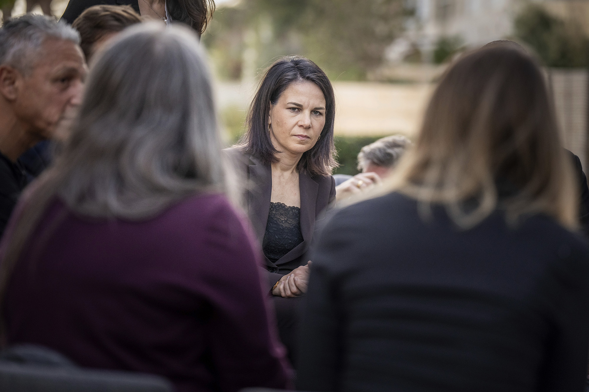 German Foreign Minister Annalena Baerbock takes part in a meeting with internally displaced persons from northern Israel in Tel Aviv, Israel, on January 8. 