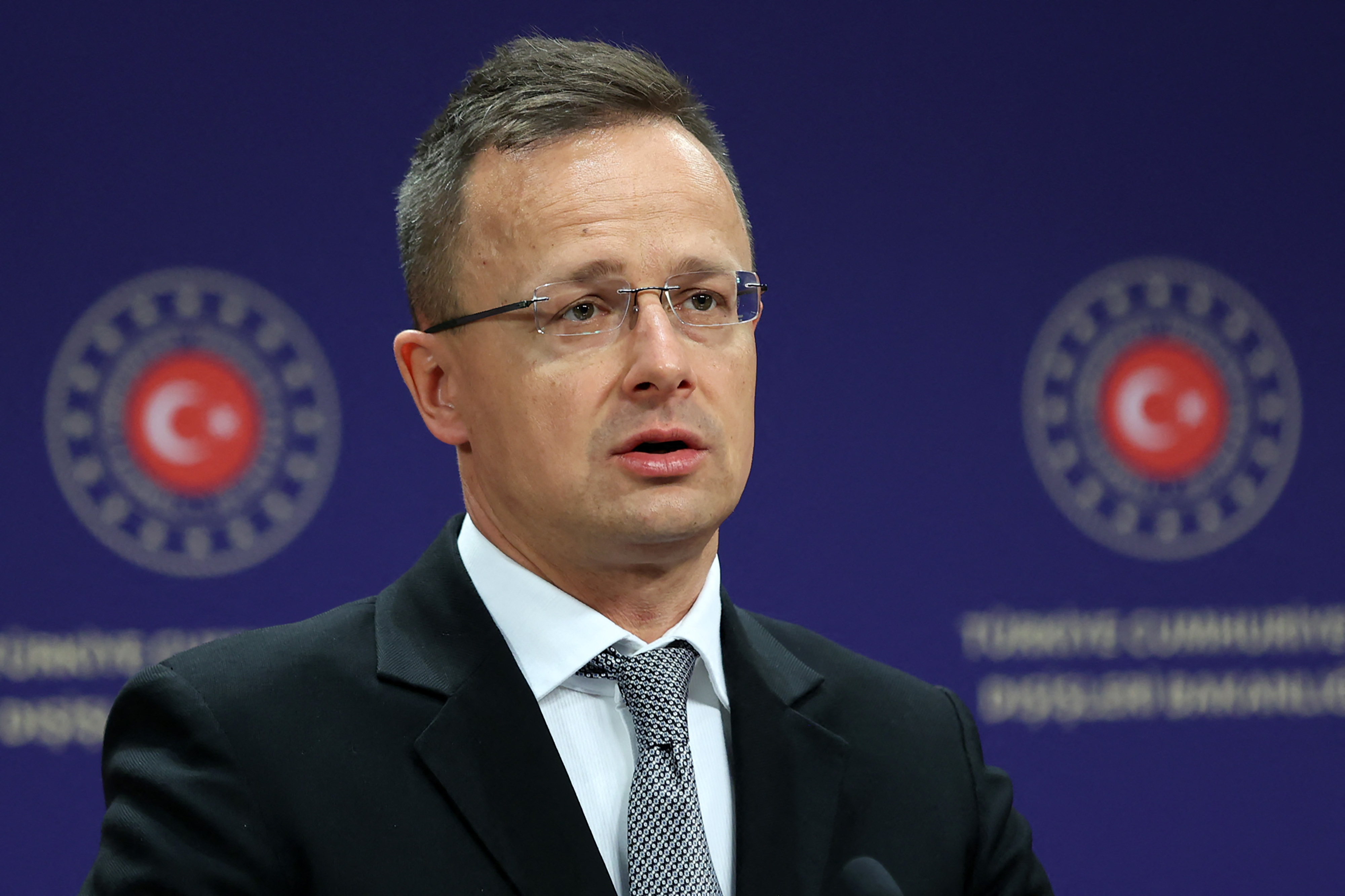 Hungarian Foreign Minister Péter Szijjártó holds a press conference after meeting his Turkish counterpart in Ankara, Turkey, on April 19.