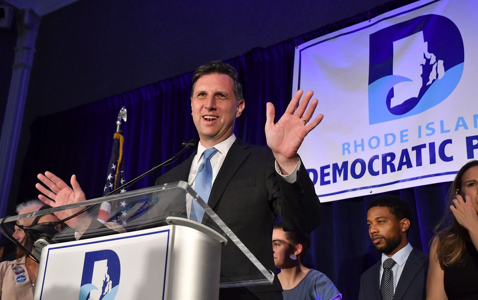 Seth Magaziner gives his victory speech during an election night gathering in Providence, Rhode Island, Tuesday evening. 