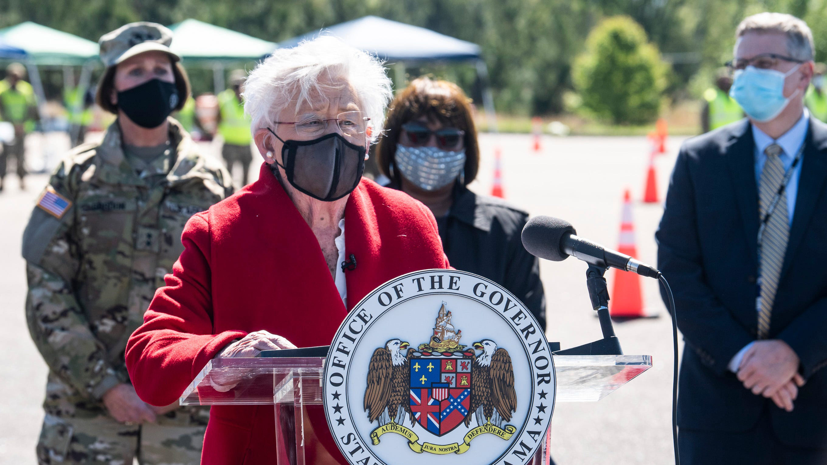 Alabama Gov. Kay Ivey holds a press conference after touring a drive-thru Covid-19 vaccination clinic in Camden, Alabama, on Friday, April 2. 
