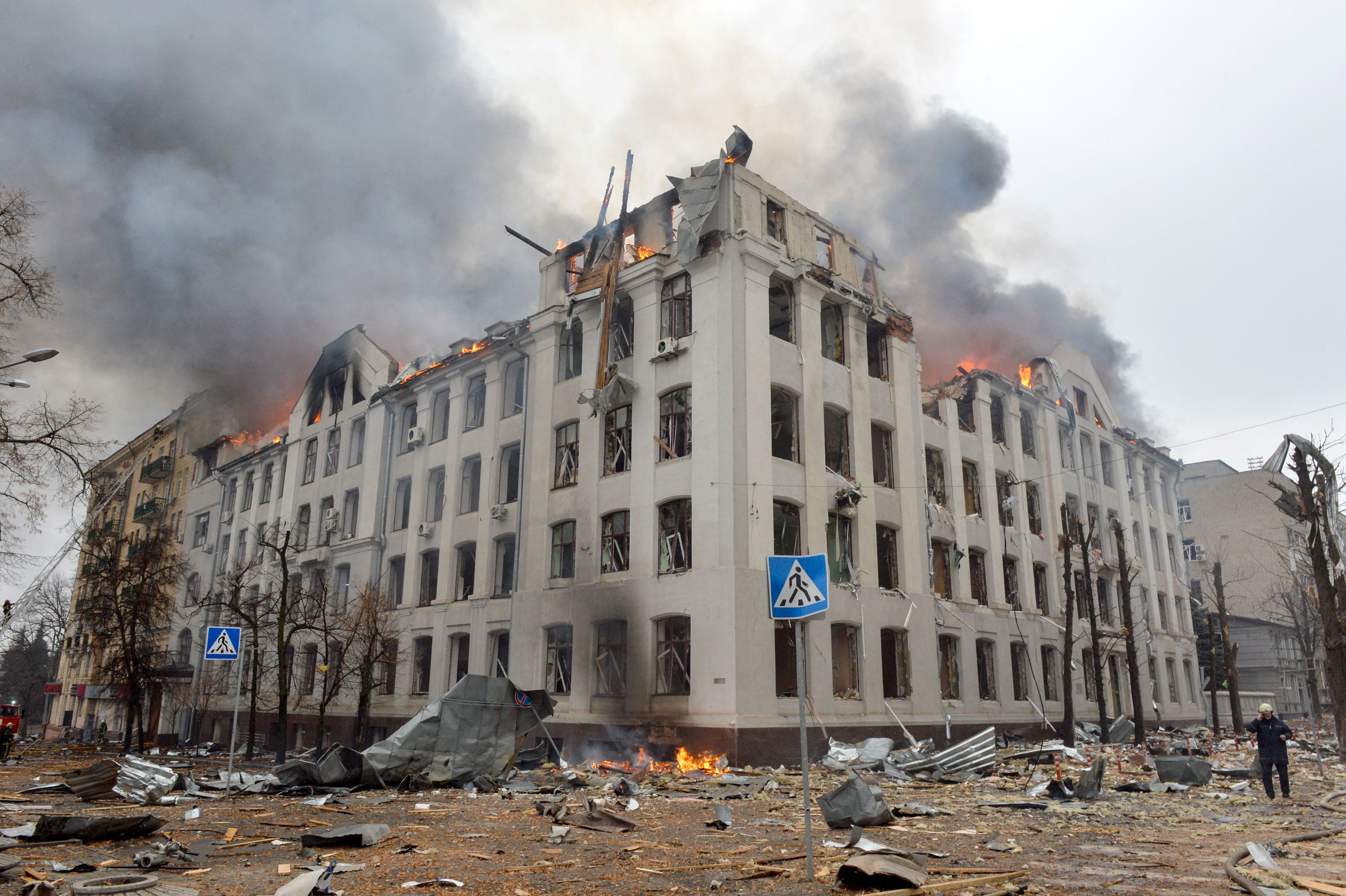Buildings on fire in Kharkiv, Ukraine, on March 2.