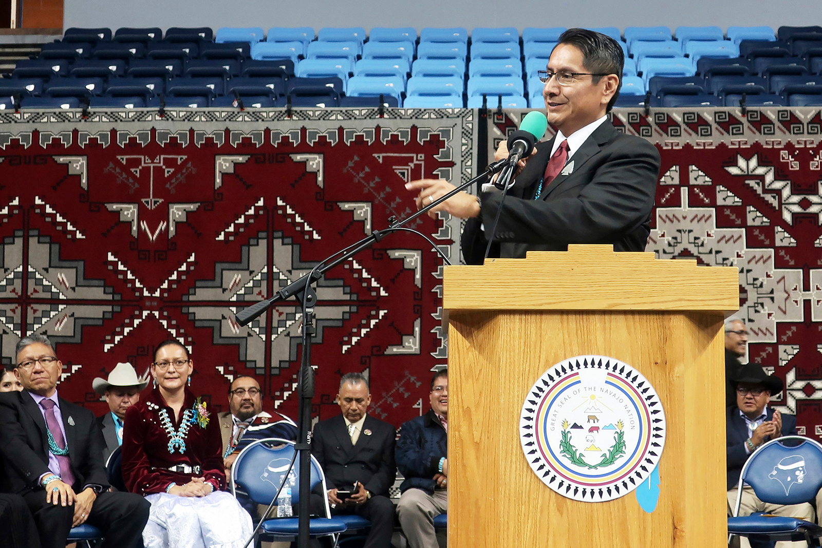 Jonathan Nez addresses a crowd after he was sworn in as president of the Navajo Nation in Fort Defiance, Ariz. 