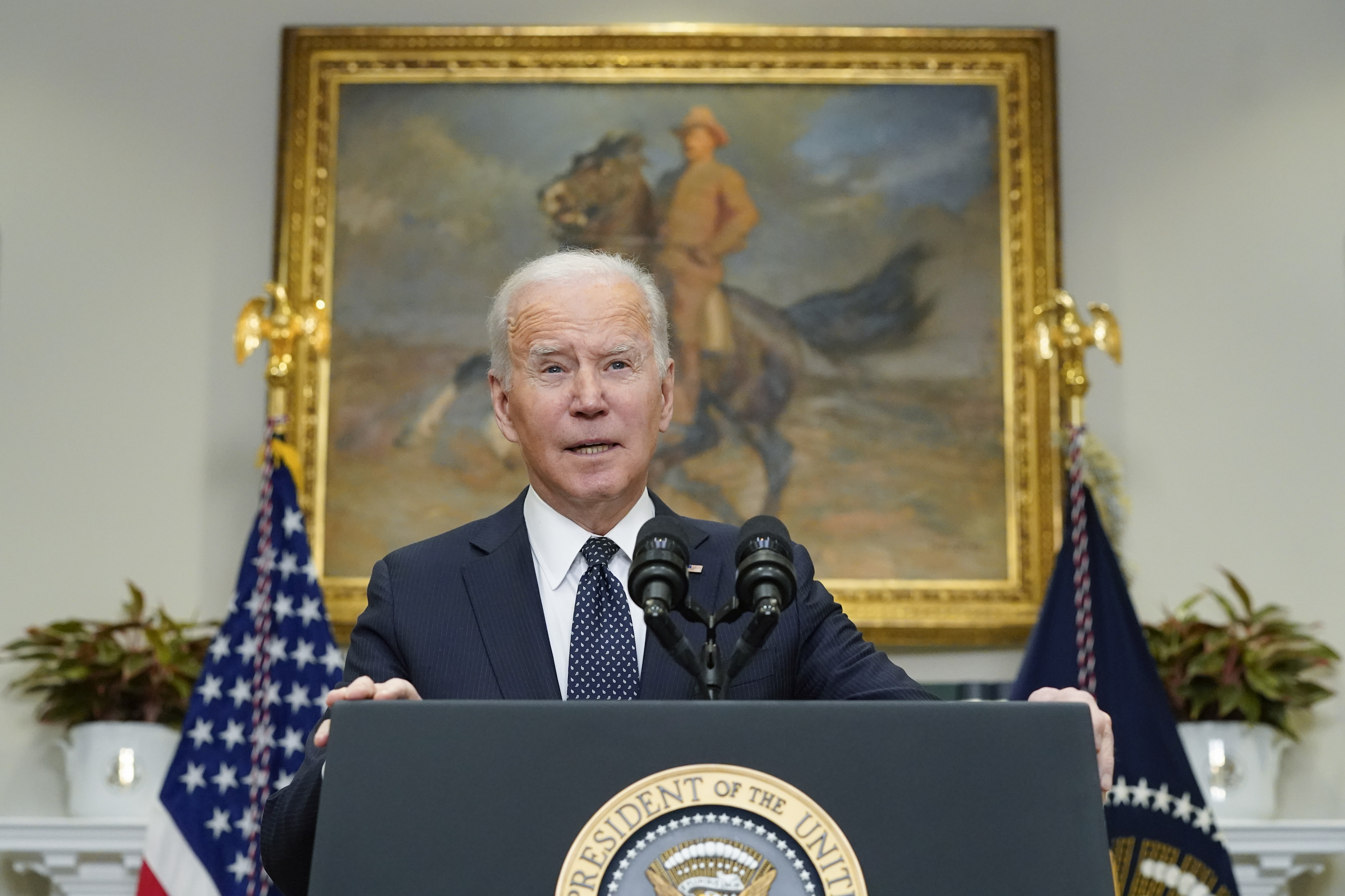 President Joe Biden speaks about Ukraine in the Roosevelt Room of the White House, on Friday, Feb. 18, in Washington. 