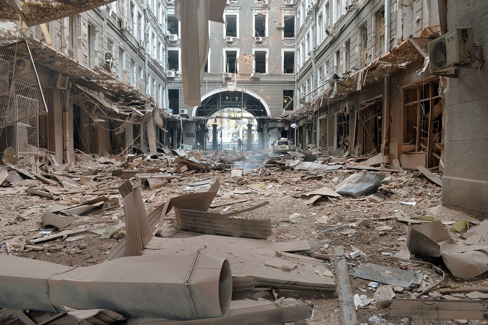 Debris from a damaged building litters the ground in Kharkiv, Ukraine, on March 2. The building was hit by Russian shelling.