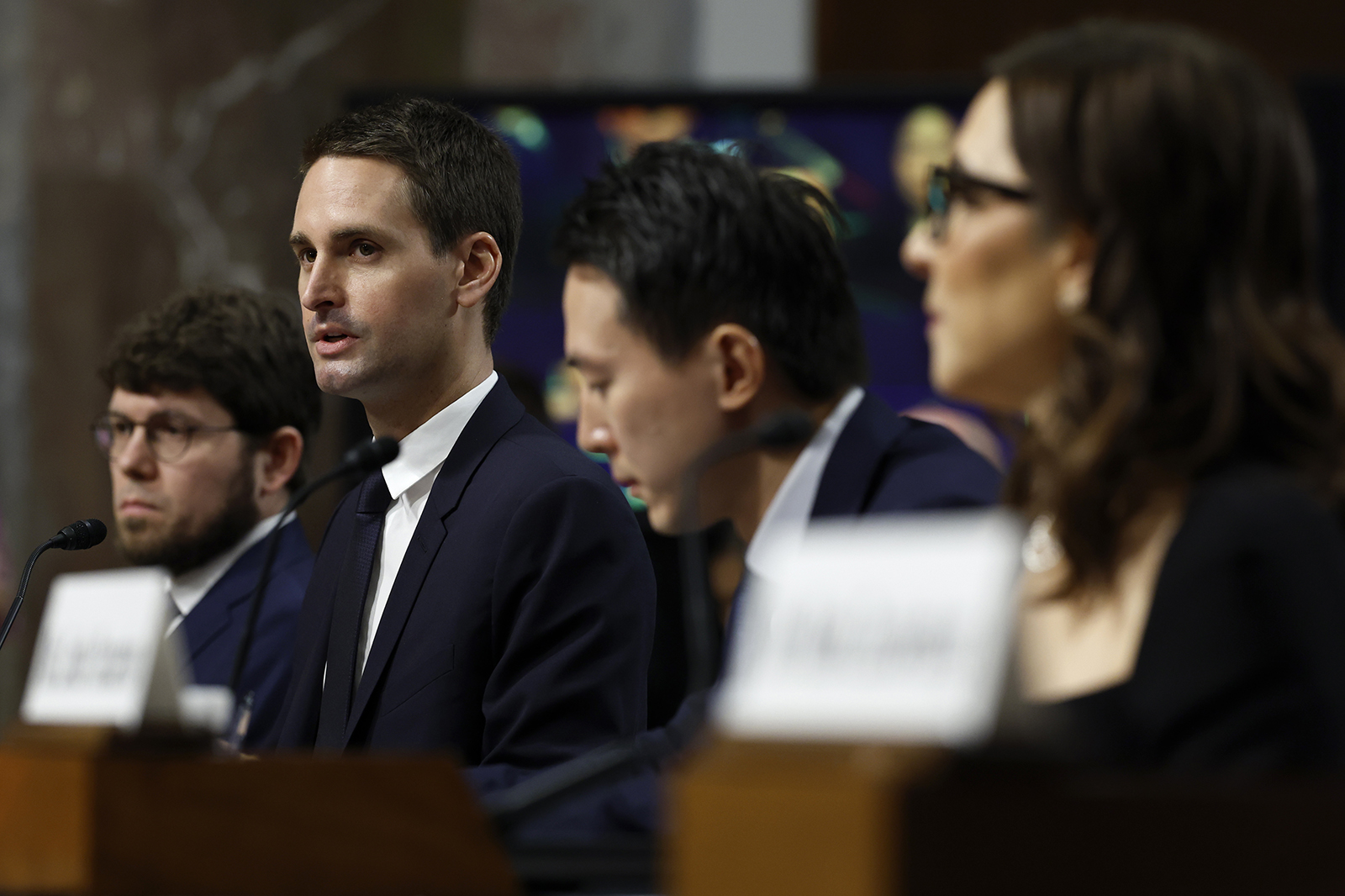 (L-R) Jason Citron, CEO of Discord, Evan Spiegel, CEO of Snap, Shou Zi Chew, CEO of TikTok, Linda Yaccarino, CEO of X during the hearing today.