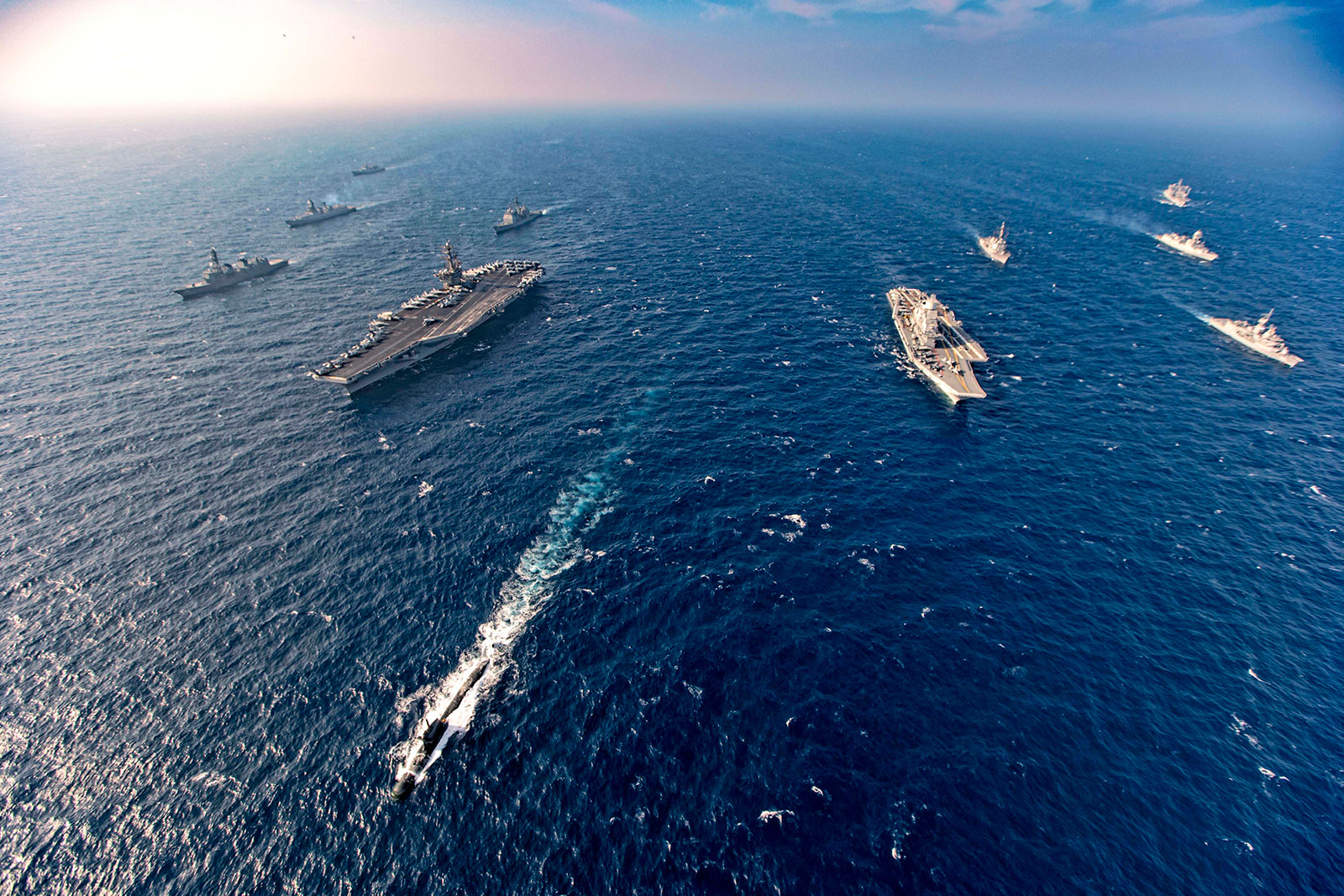Aircraft carriers and warships participate in the second phase of the Malabar naval exercise, a joint exercise comprising of India, the United States, Japan and Australia, in the Northern Arabian Sea in 2020.  