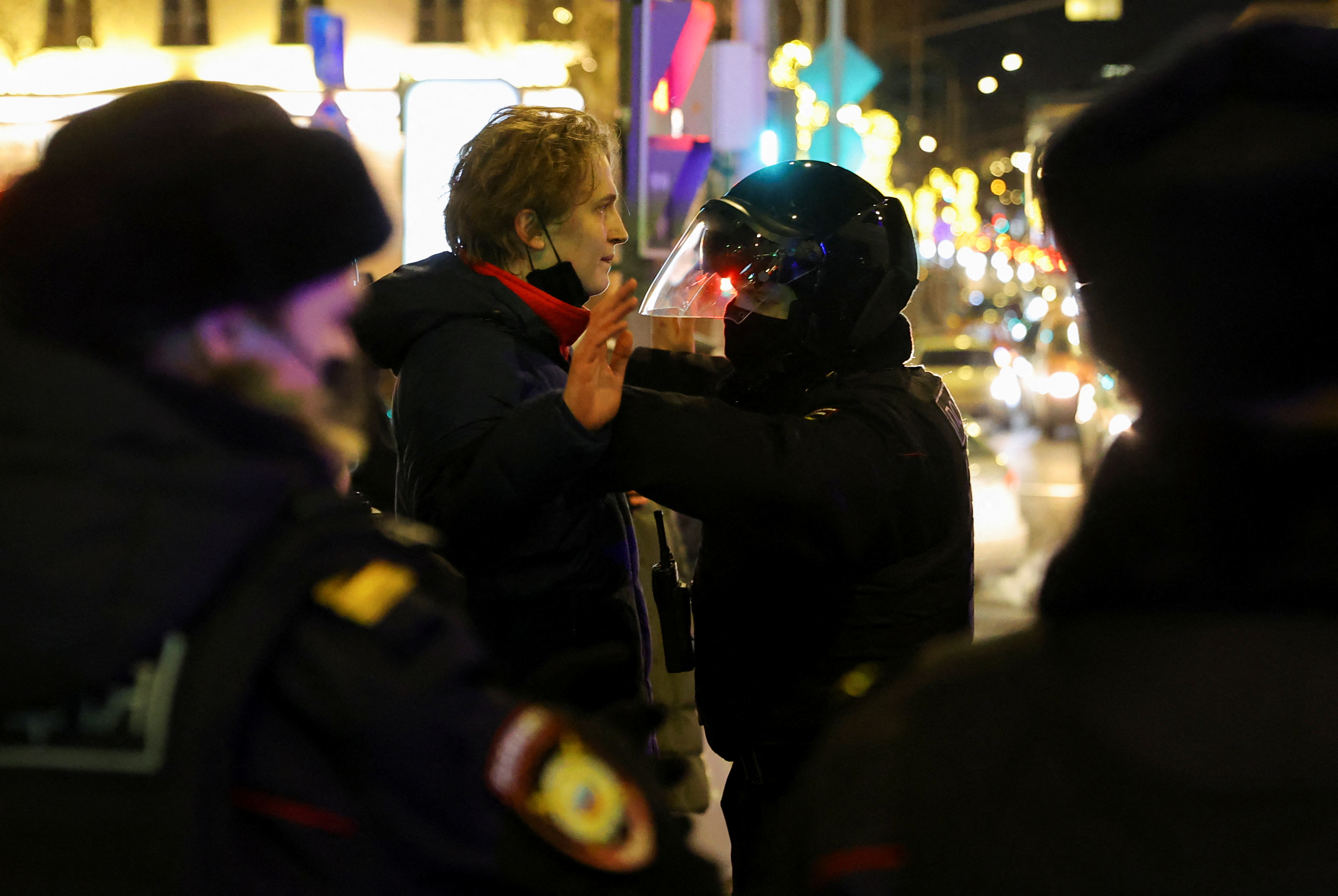 A person is detained by police during an anti-war protest in Moscow, Russia, on February 24.