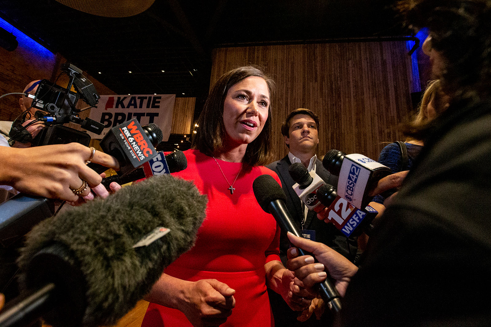 Katie Britt talks with the media during a watch party on Tuesday, May 24, in Montgomery, Alabama. 