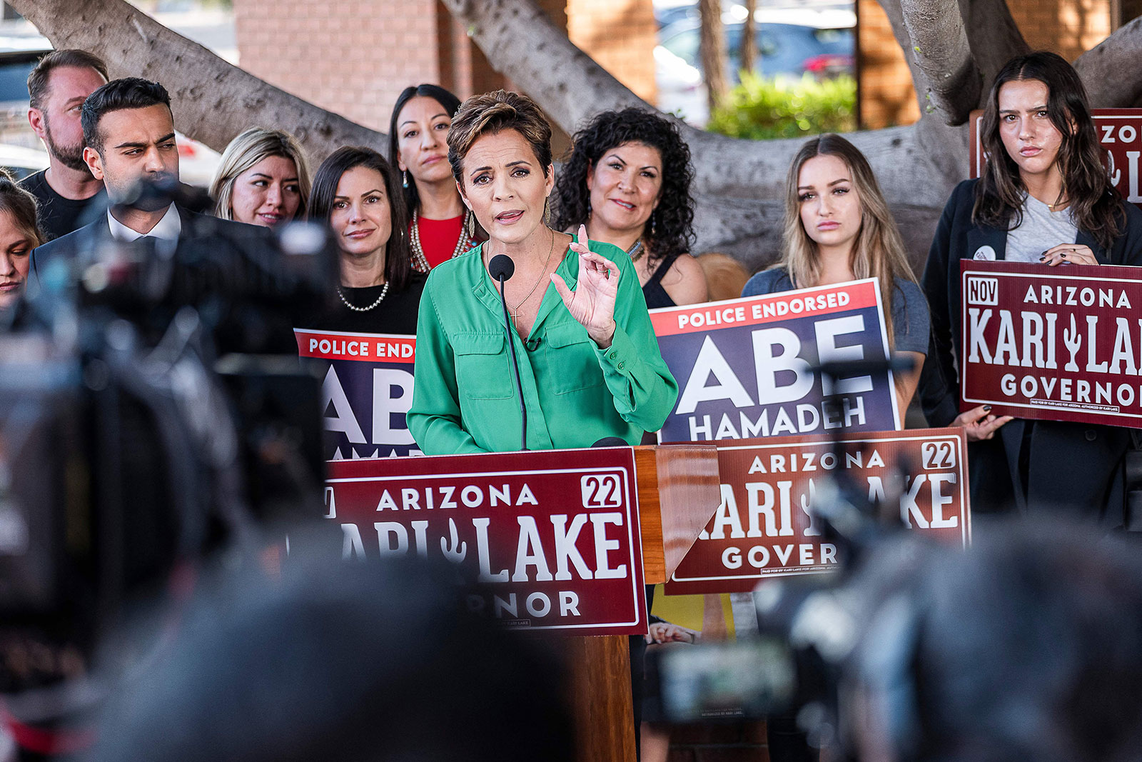 Kari Lake holds a press conference in front of her campaign headquarters in Phoenix on October 27.