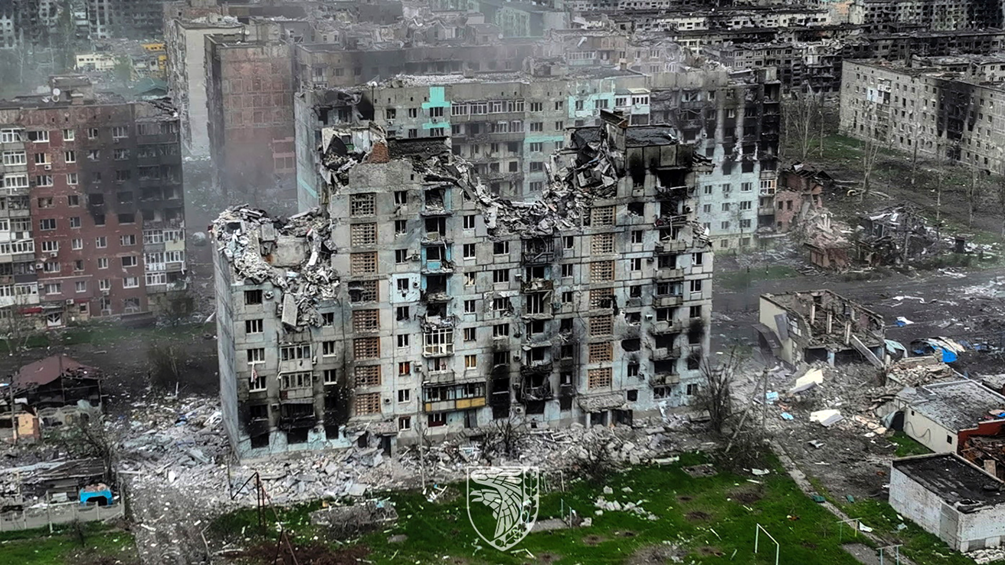An aerial view shows destruction in the frontline town of Bakhmut in Donetsk region, Ukraine, in this handout picture released on May 21.