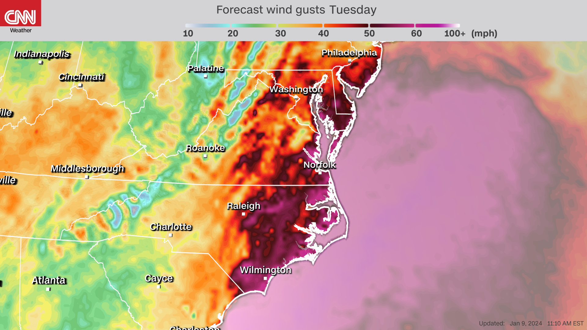 Wind gust forecast for Tuesday evening.