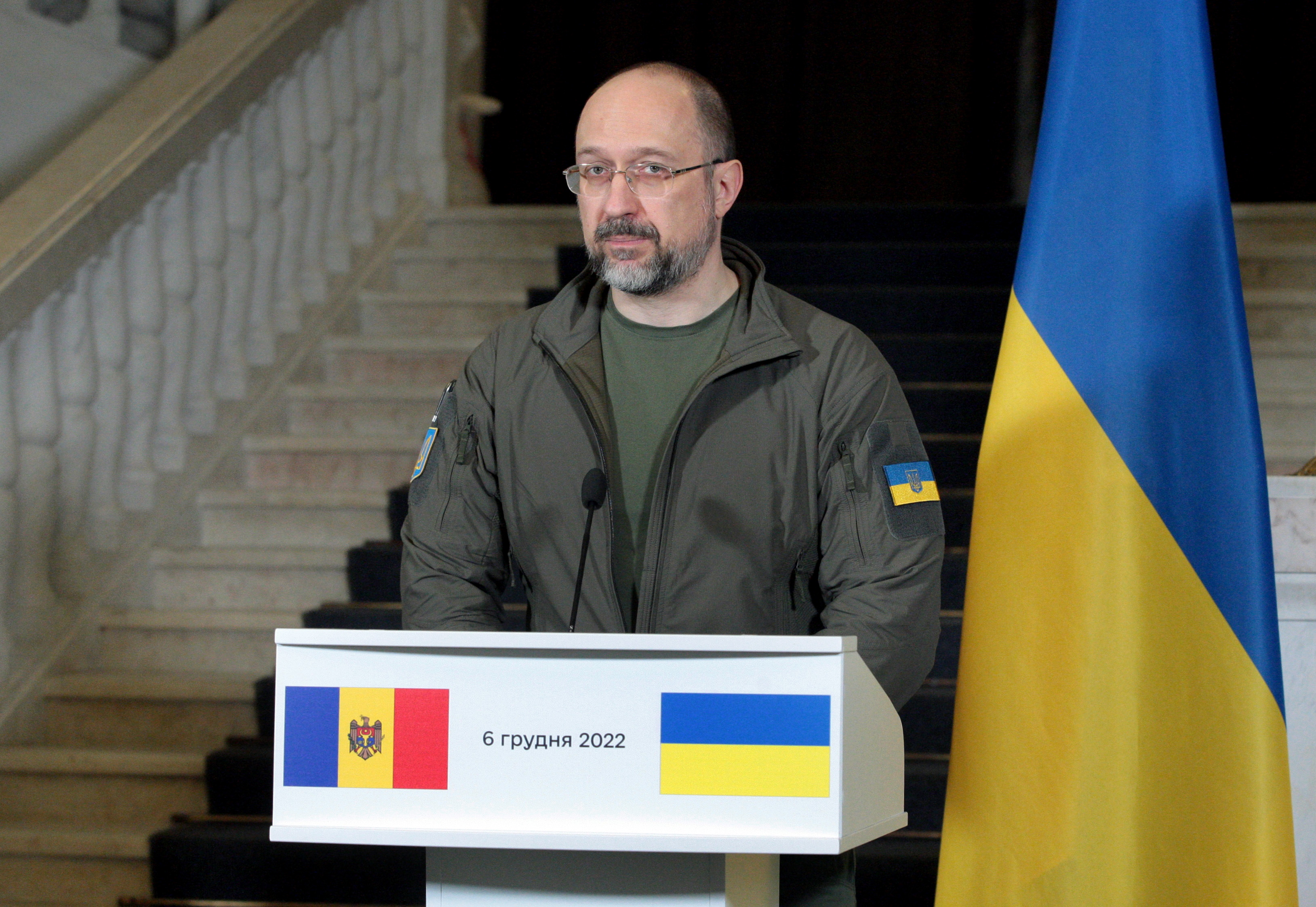 Denys Shmyhal attends a joint briefing in Kyiv on December 6.