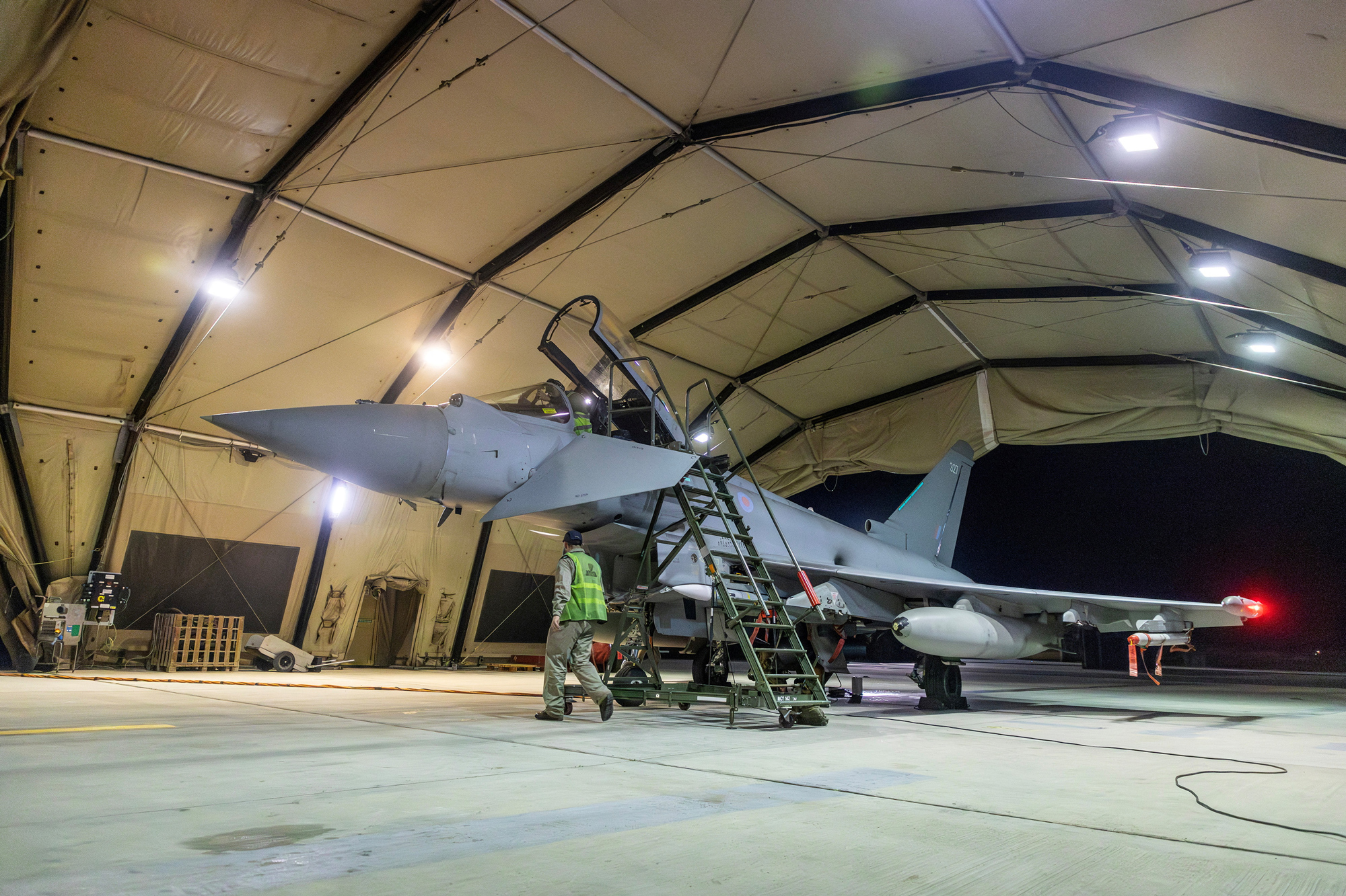 An RAF Typhoon aircraft at Akrotiri base in Cyprus, after returning after striking military targets in Yemen on January 12.