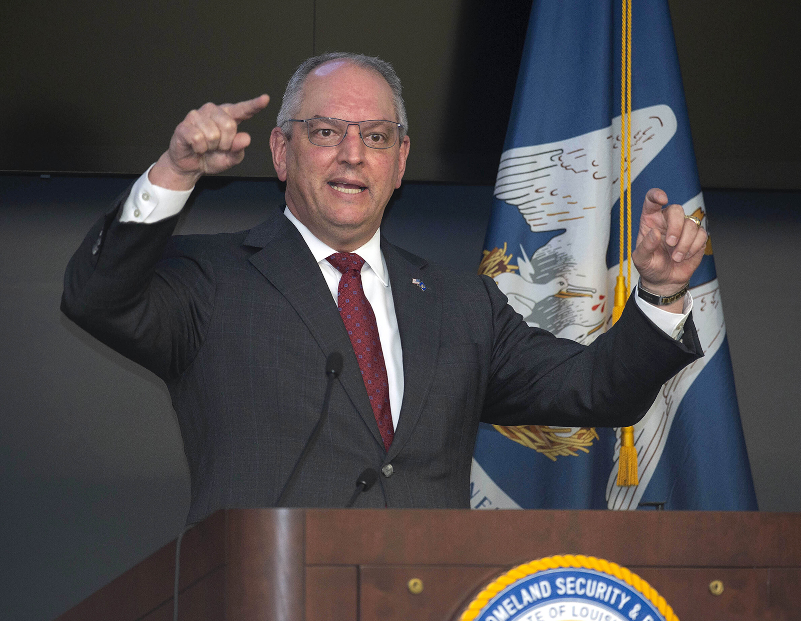 Louisiana Gov. John Bel Edwards speaks Tuesday, July 28, at a press conference update on the state's Covid-19 situation at the Governor's Office of Homeland Security and Emergency Preparedness in Baton Rouge.