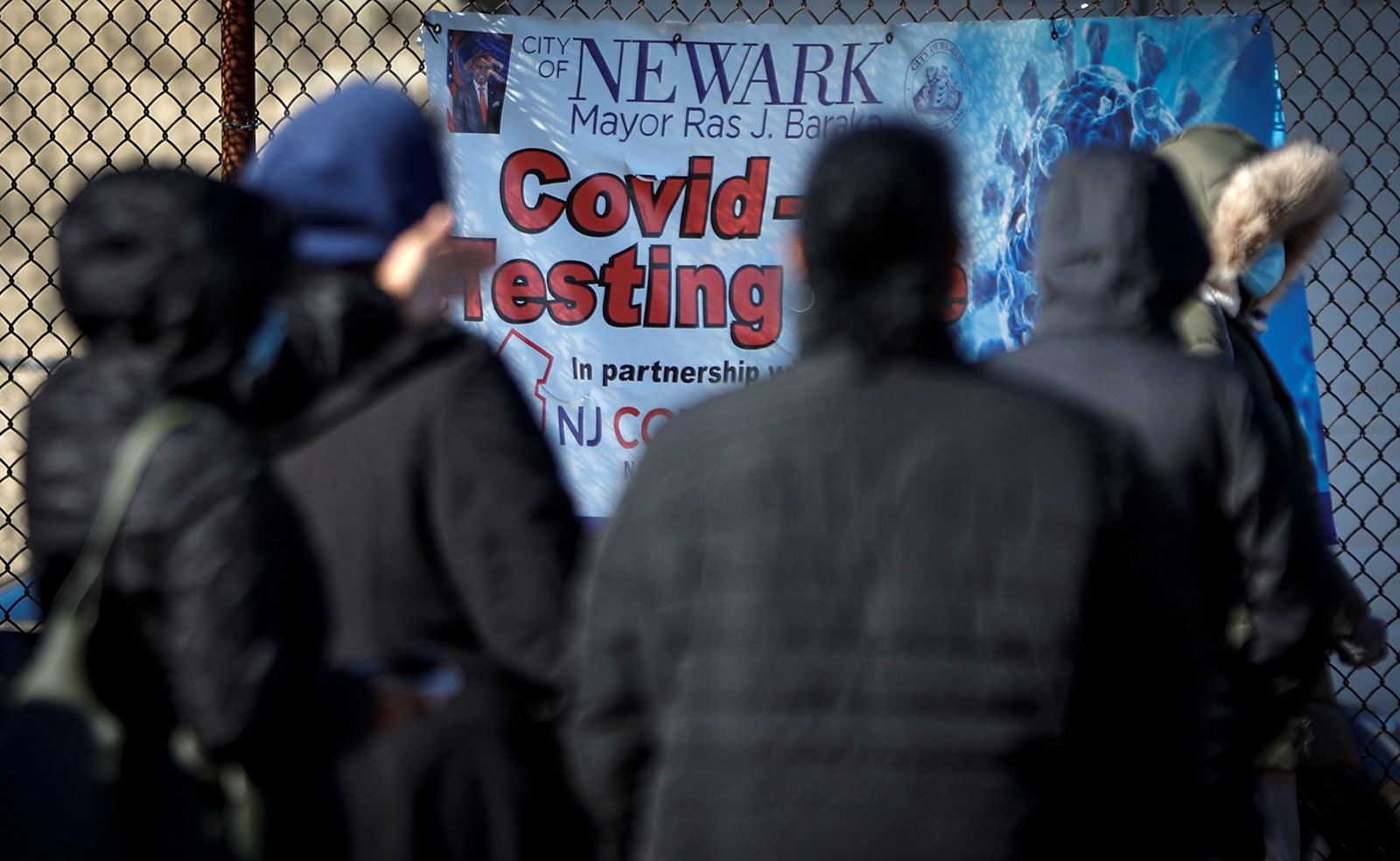 People wait in line to get tested for Covid-19 in Newark, New Jersey, on January 4.