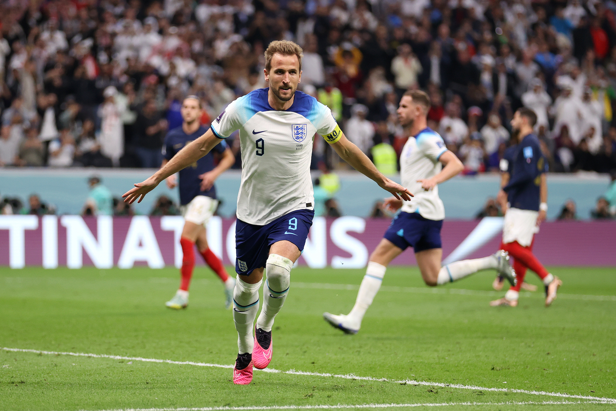 Harry Kane celebrates after scoring an equalizer against the French.