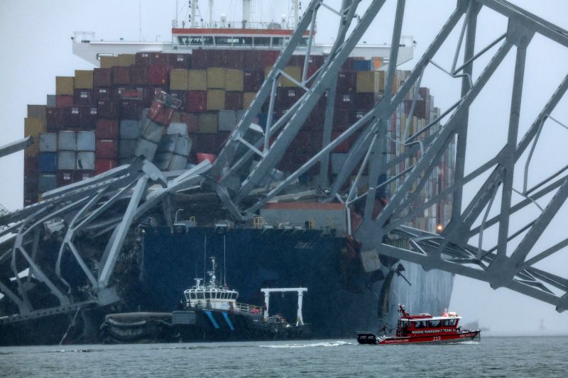 A Marine Emergency Team boat passes the wreckage of the Dali cargo vessel in Baltimore on Tuesday.