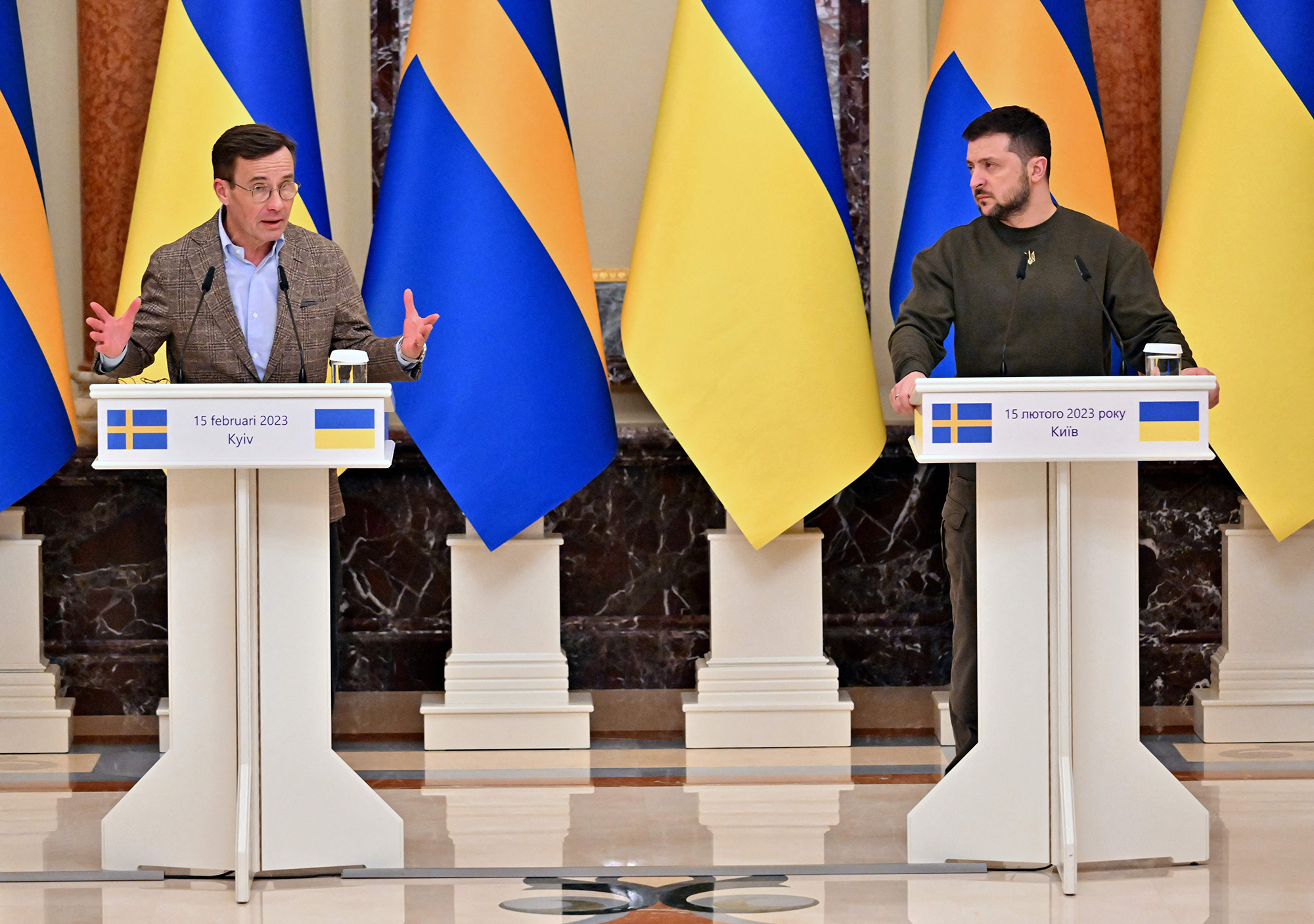 Ukrainian President Volodymyr Zelensky and Prime Minister of Sweden Ulf Kristersson give their joint press conference following the talks in Kyiv on February 15.