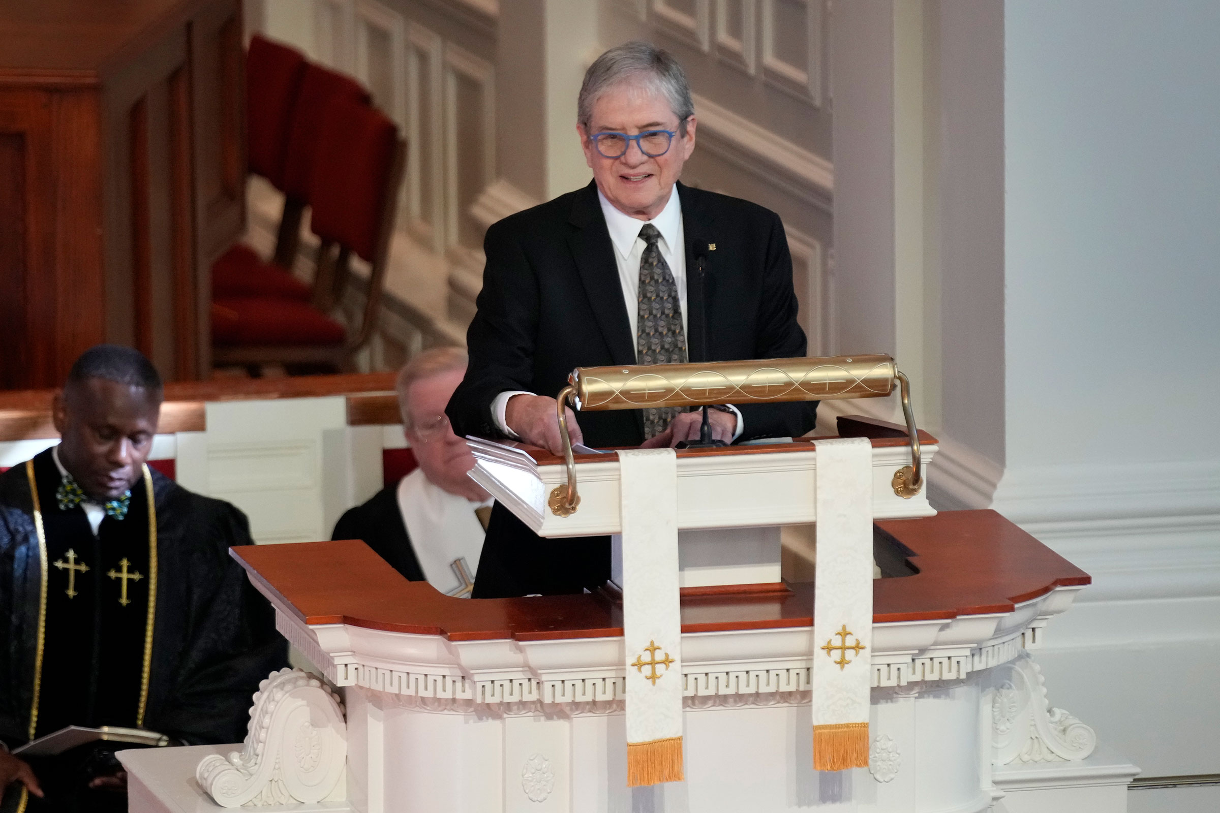 James "Chip" Carter speaks during a tribute service for former first lady Rosalynn Carter at Glenn Memorial Church at Emory University on Tuesday in Atlanta. 