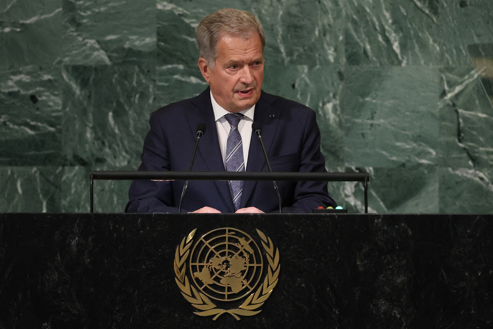 Finland's President Sauli Niinisto addresses the 77th Session of the United Nations General Assembly on Tuesday.