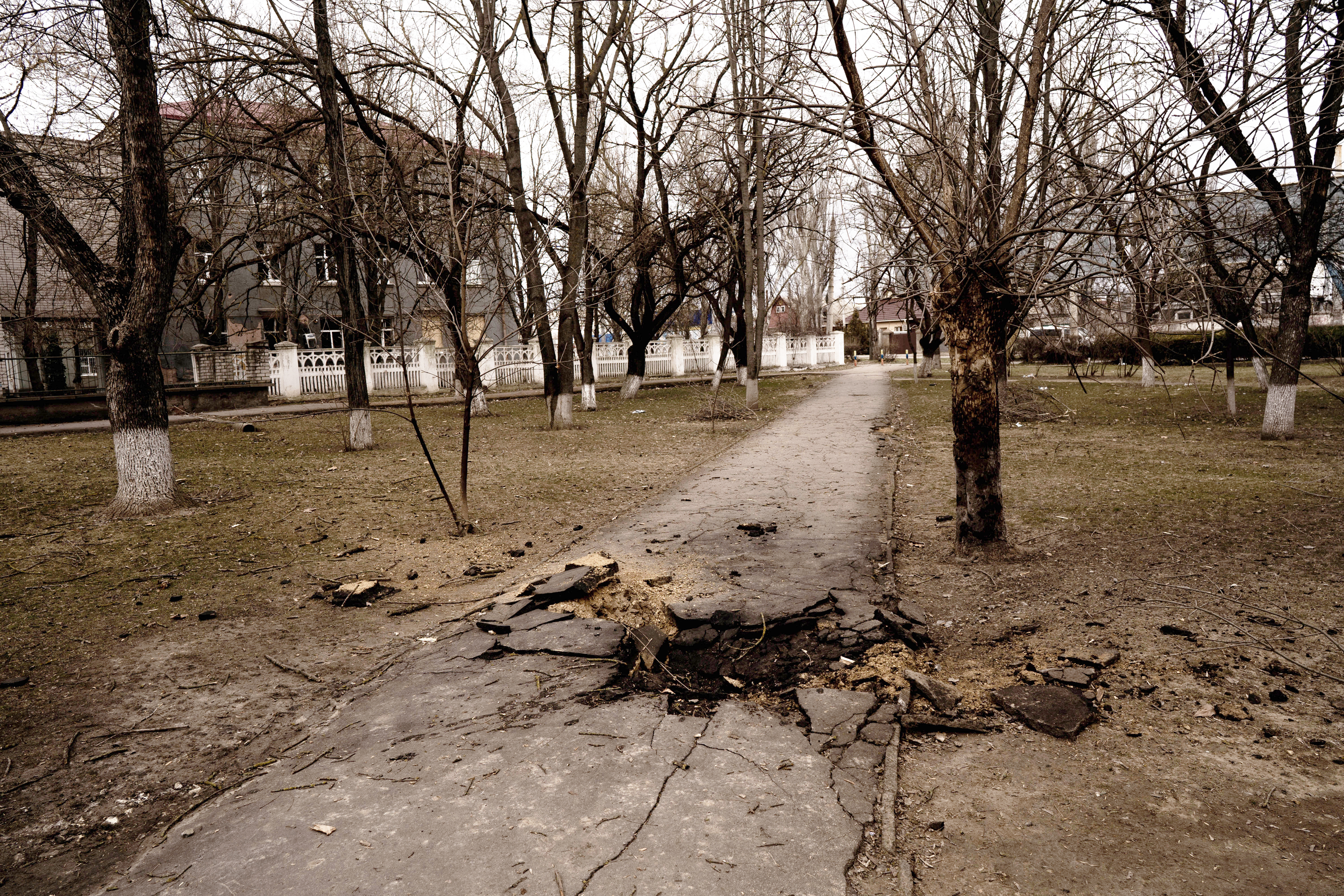 A residential area is seen after bombing in Kherson on Friday.
