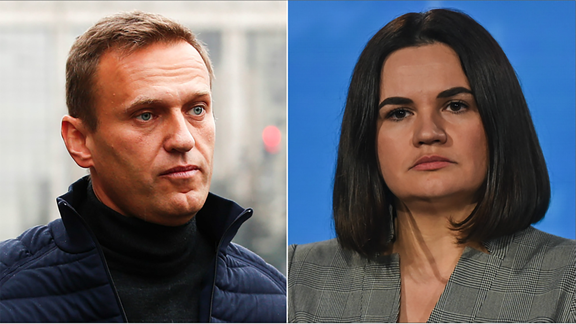 Russian opposition leader Alexei Navalny, left, and exiled leader of the opposition in Belarus, Sviatlana Tsikhanouskaya are seen in recent photos.