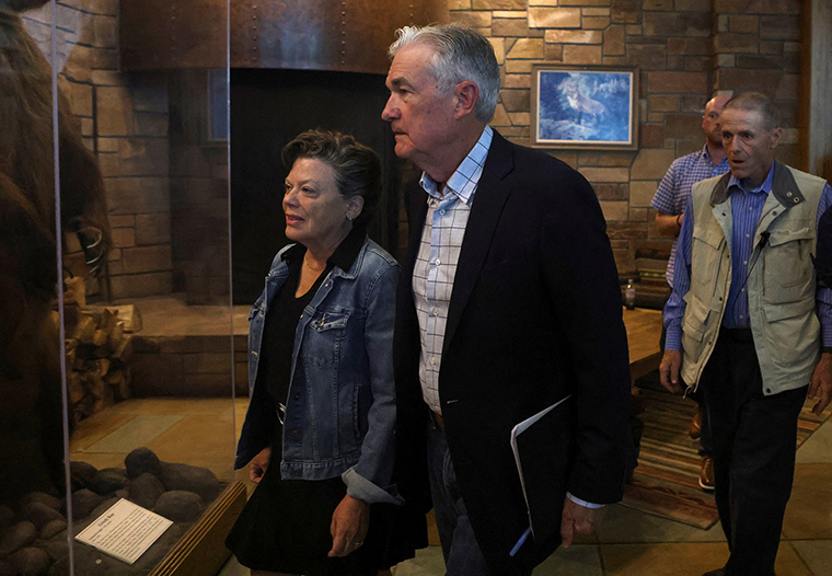 Jerome Powell, chair of the Federal Reserve, and his wife Elissa Leonard attend a dinner program at Grand Teton National Park where financial leaders from around the world are gathering for the Jackson Hole Economic Symposium outside Jackson, Wyoming, on August 25.