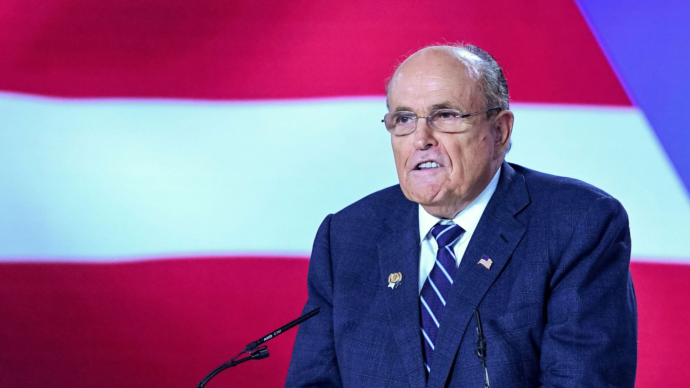 Former Mayor of New York City Rudy Giuliani speaking in the Albanian town of Manza, on July 13, 2019. 
