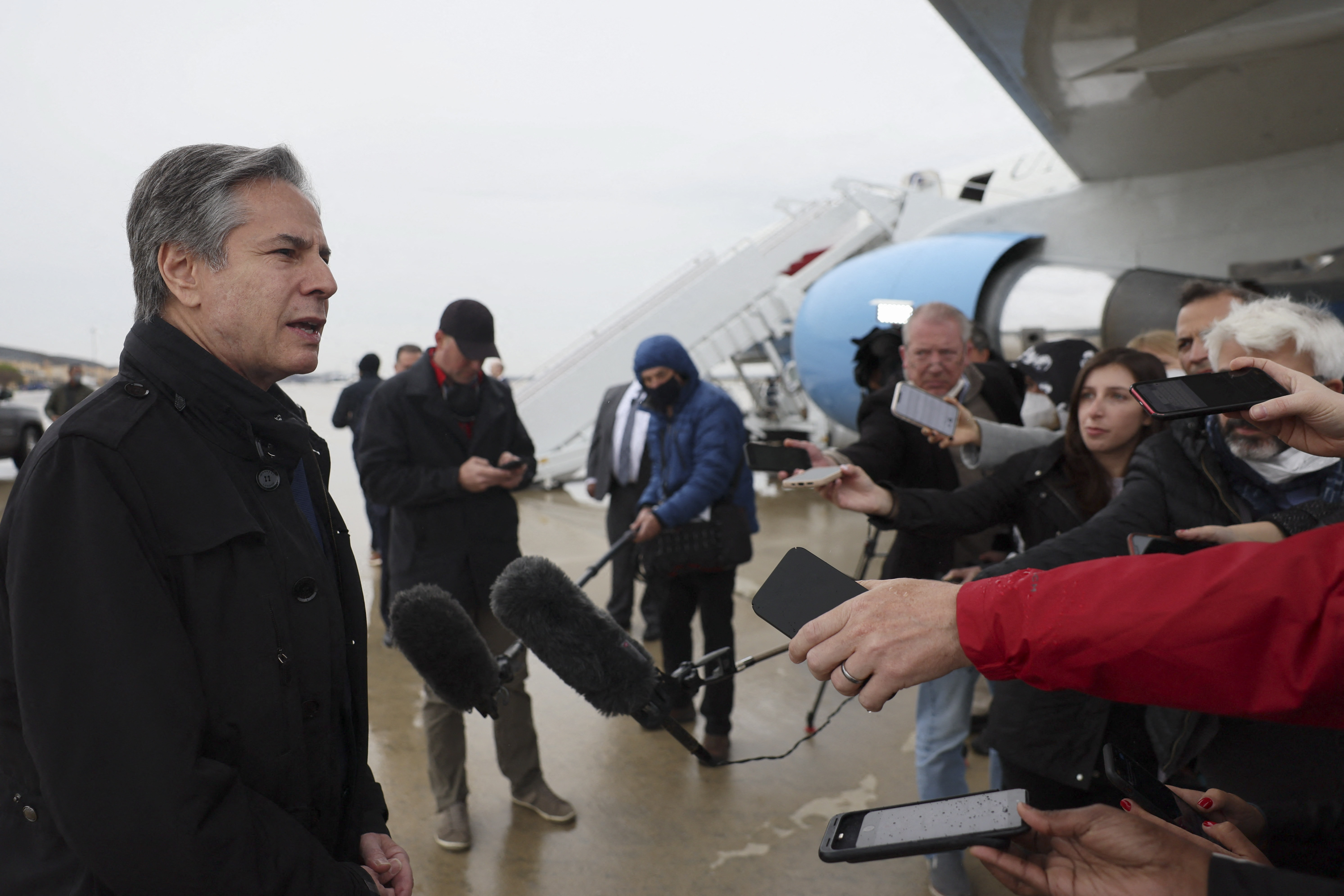 US Secretary of State Antony Blinken speaks to members of the media, before departing for Brussels from Joint Base Andrews, in Maryland, US, on April 5.