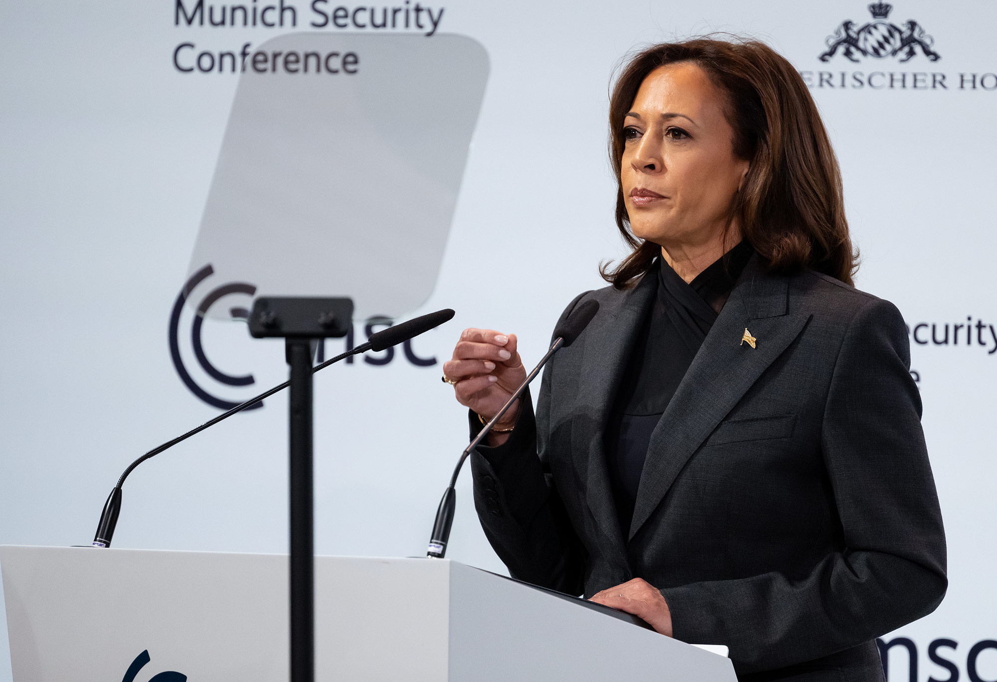 US Vice President Kamala Harris speaks at the Munich Security Conference on Saturday, February 18. 