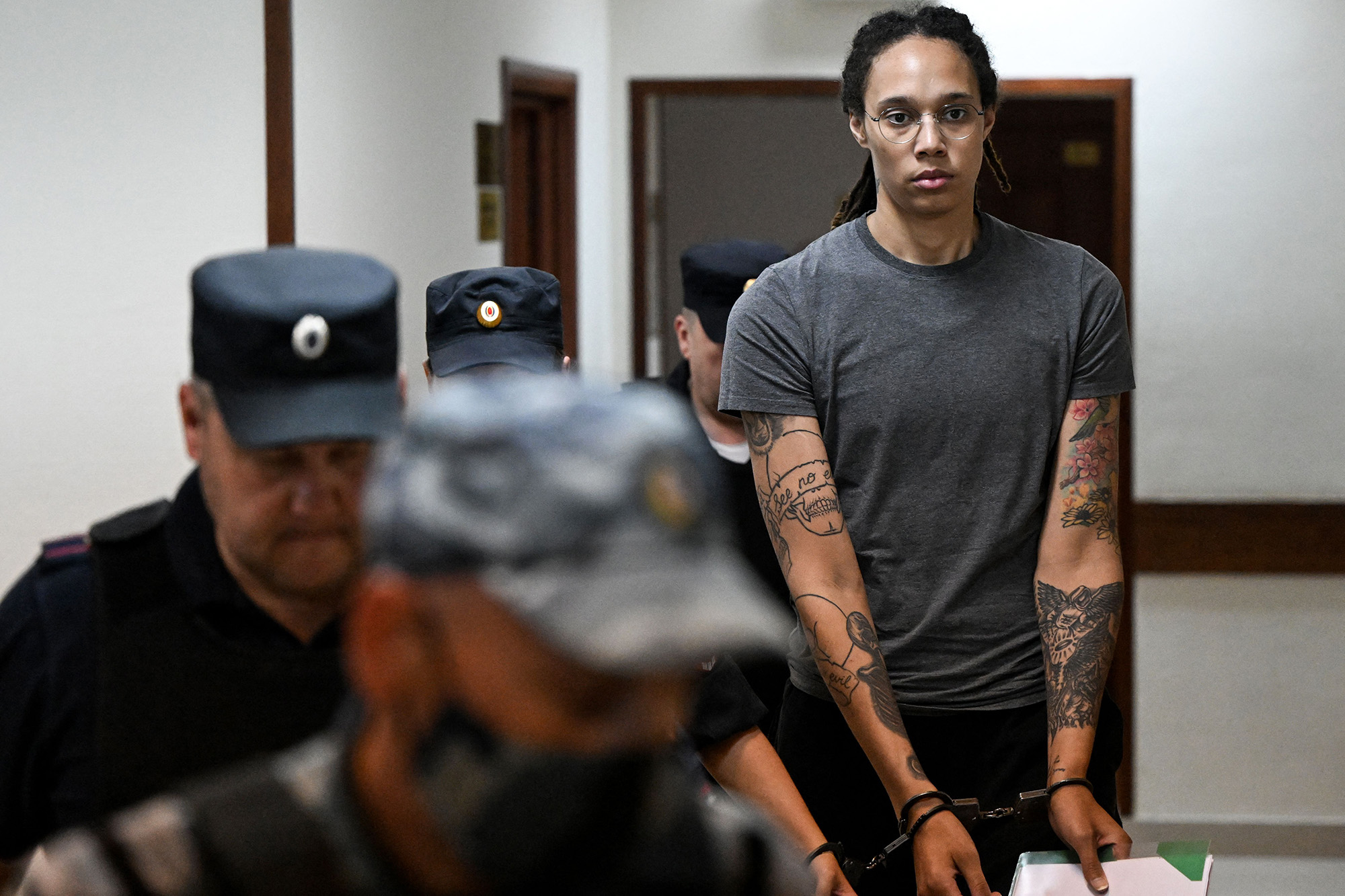 Brittney Griner arrives to a hearing at the Khimki Court, outside Moscow, on August 4.