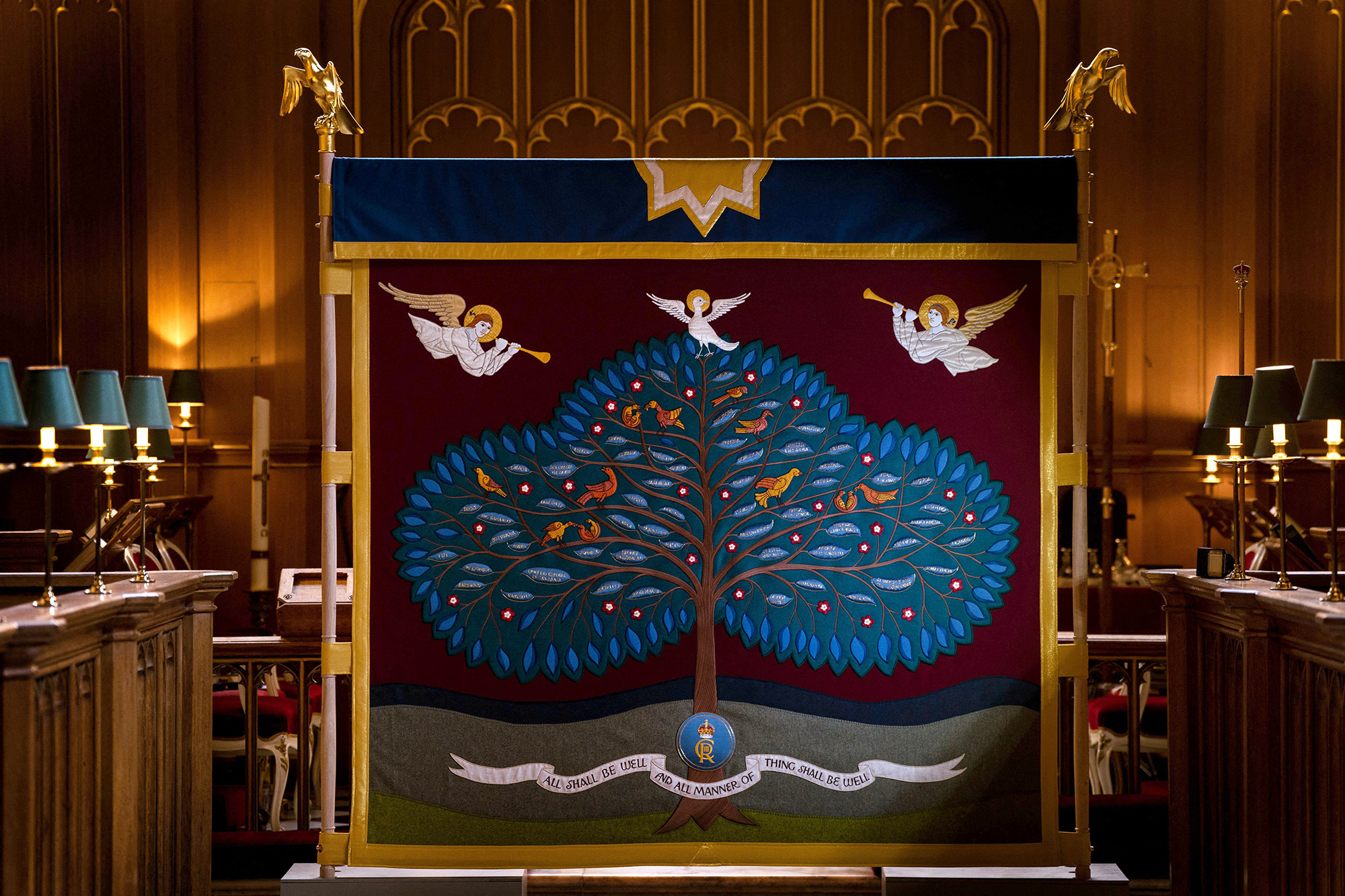 The anointing screen, which will be used in the coronation of King Charles III and has been handmade by the Royal School of Needlework, is seen in the Chapel Royal at St James's Palace in London on April 24.
