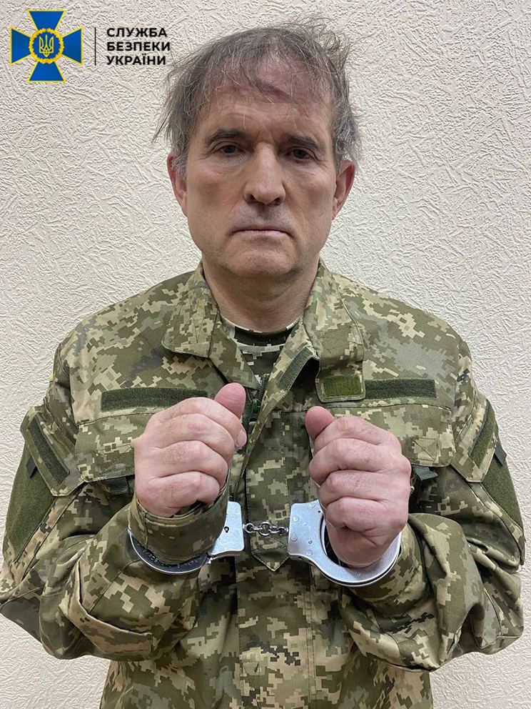 Fugitive oligarch Viktor Medvedchuk is seen handcuffed after a special operation was carried out by Security Service of Ukraine in Ukraine on April 12.
