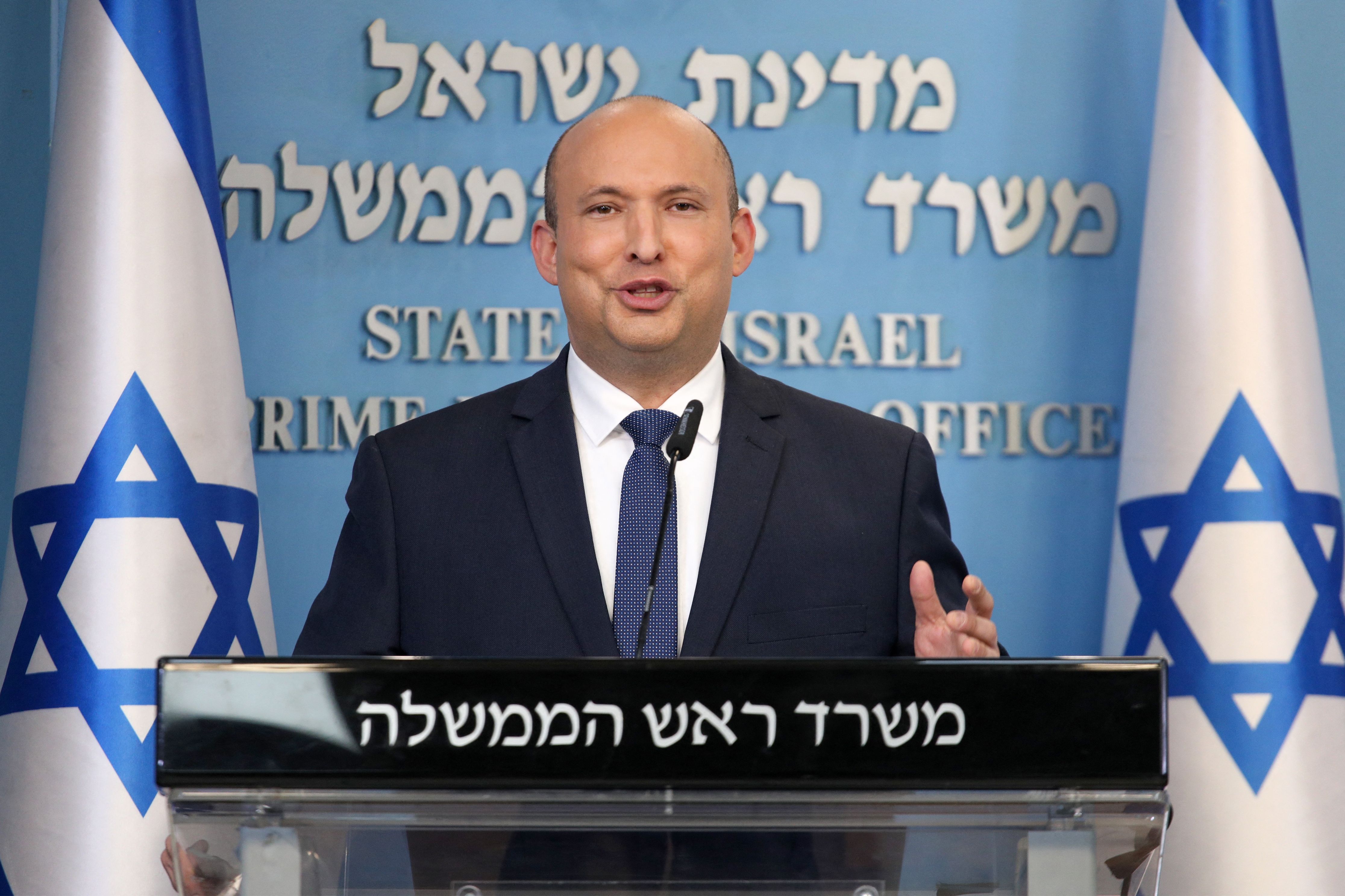 Israeli Prime Minister Naftali Bennett speaks during a press conference at the Prime Minister's Office in Jerusalem, on January 2, 2022.