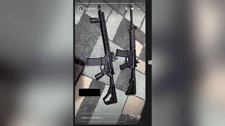 A photo of two AR15-style rifles appeared on an Instagram account tied to the suspected Uvalde shooter just three days before Tuesday's massacre at Robb Elementary school. Part of the image has been obscured by CNN to remove the name of a third party.