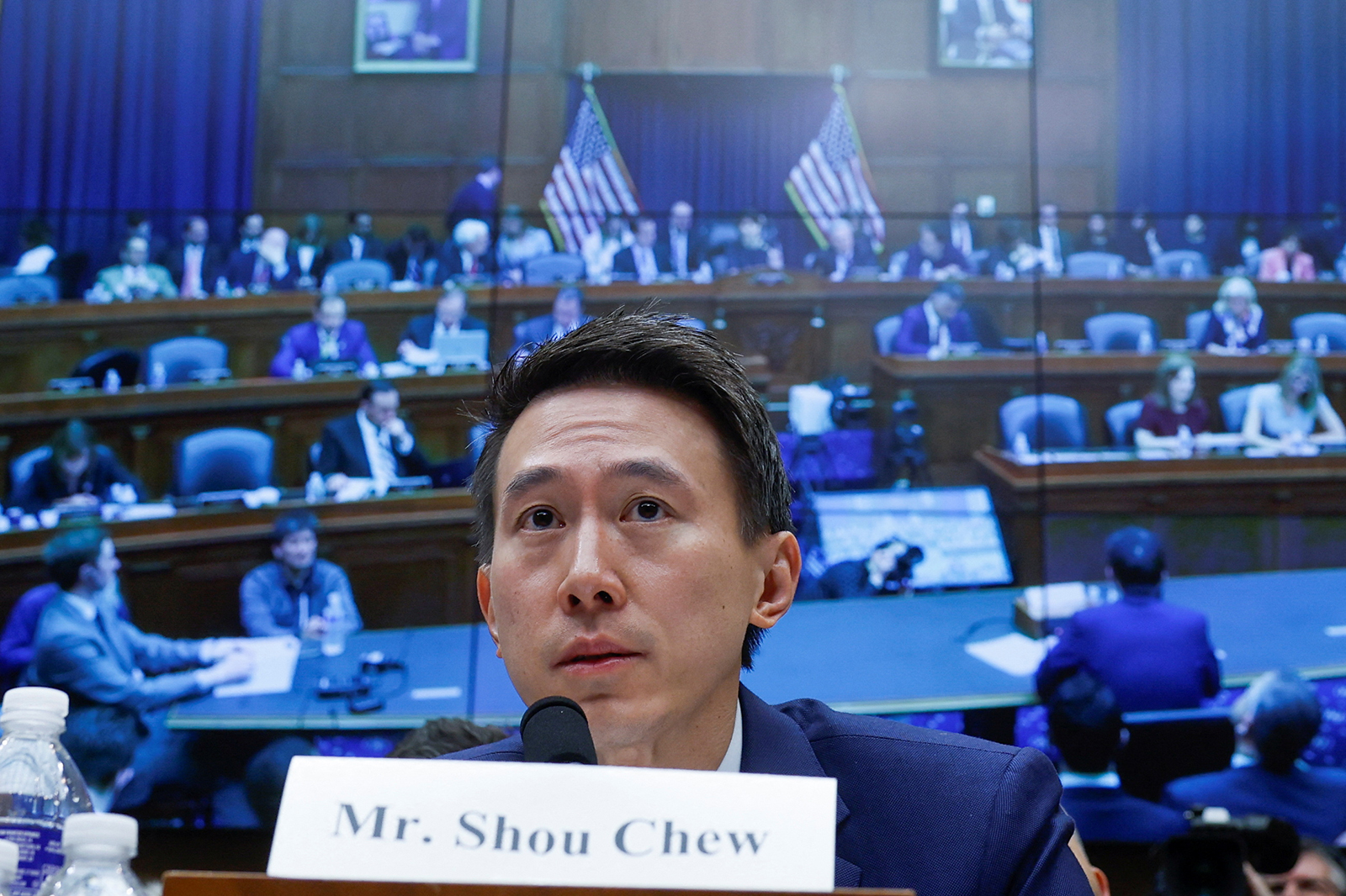 TikTok Chief Executive Shou Zi Chew testifying before a House Energy and Commerce Committee hearing on Capitol Hill in Washington, today. 
