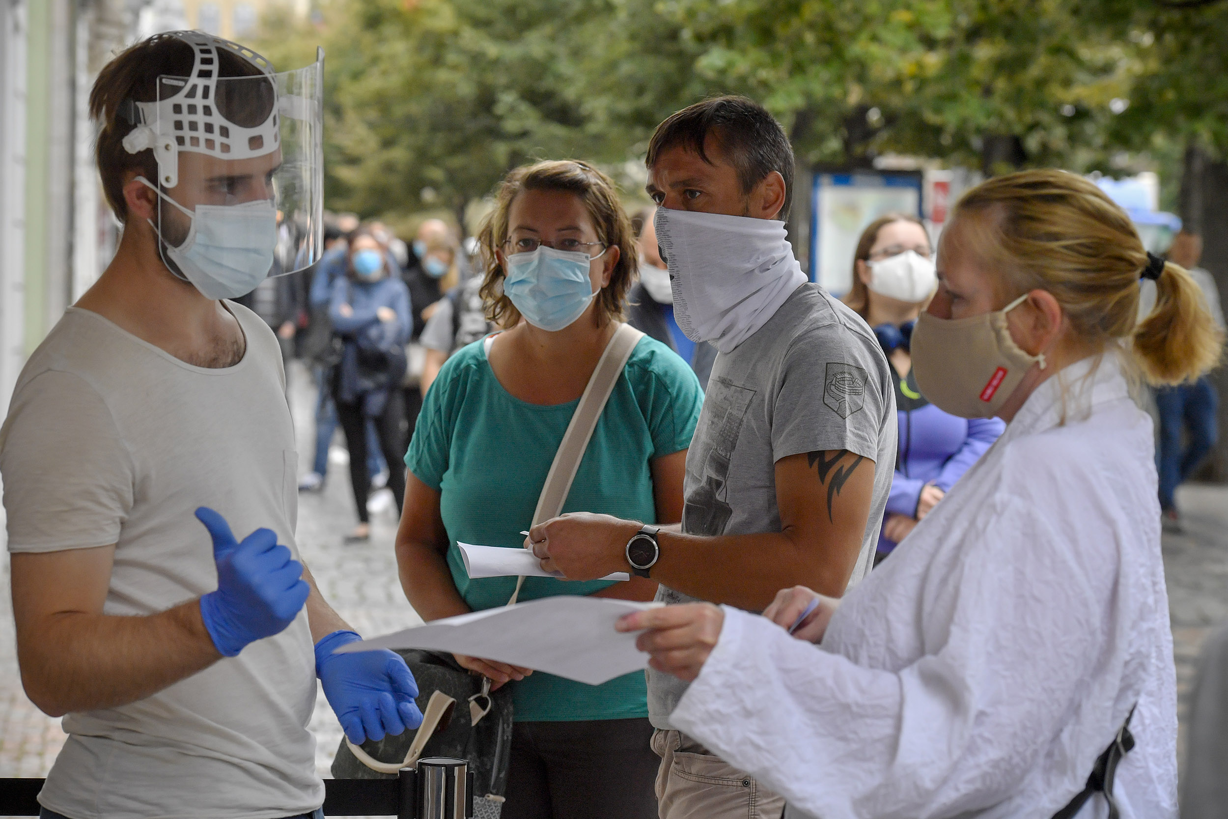 People wait to get tested at COVID-19 testing site in Wenceslas Square in Prague, Czech Republic, on September 10, 2020. 