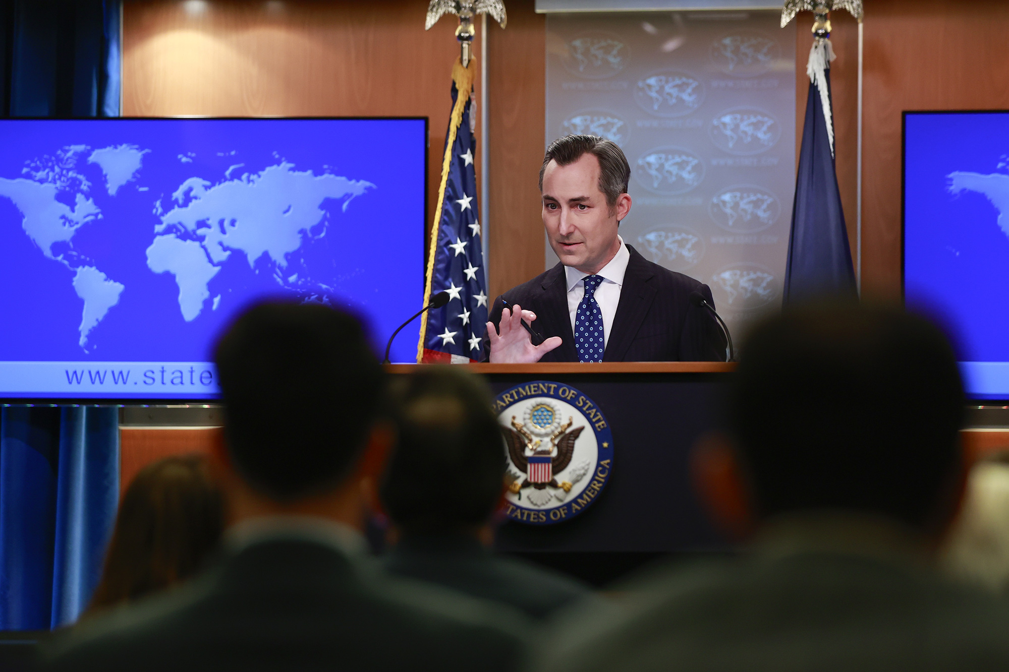 State Department Spokesperson Matthew Miller speaks to reporters during a press briefing at the State Department in Washington, DC, on April 1.